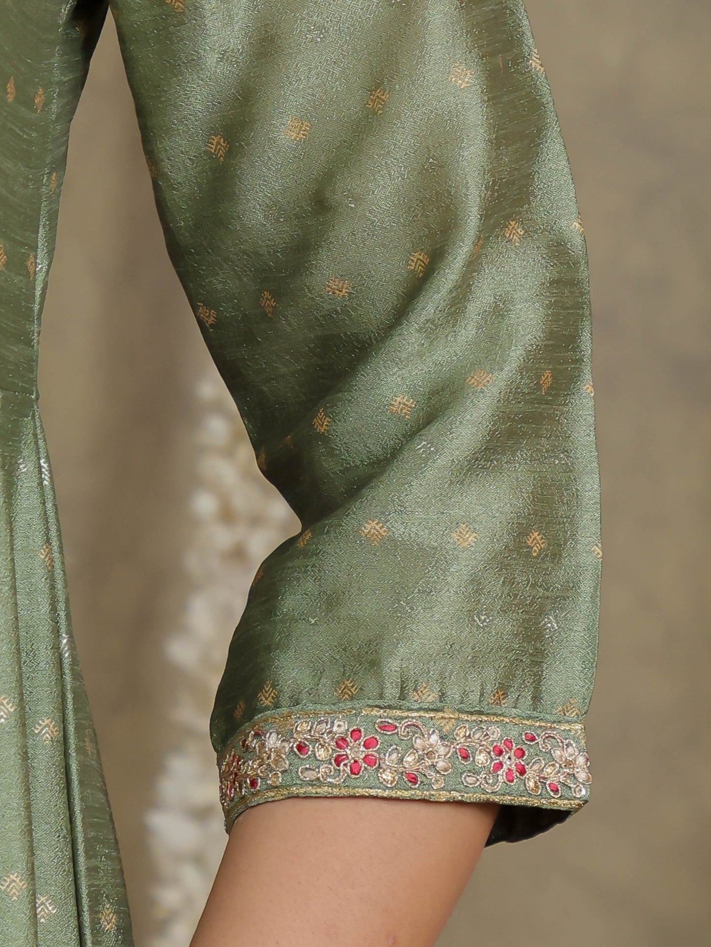 Embroidered Self Design Chanderi Solid Green Kurta