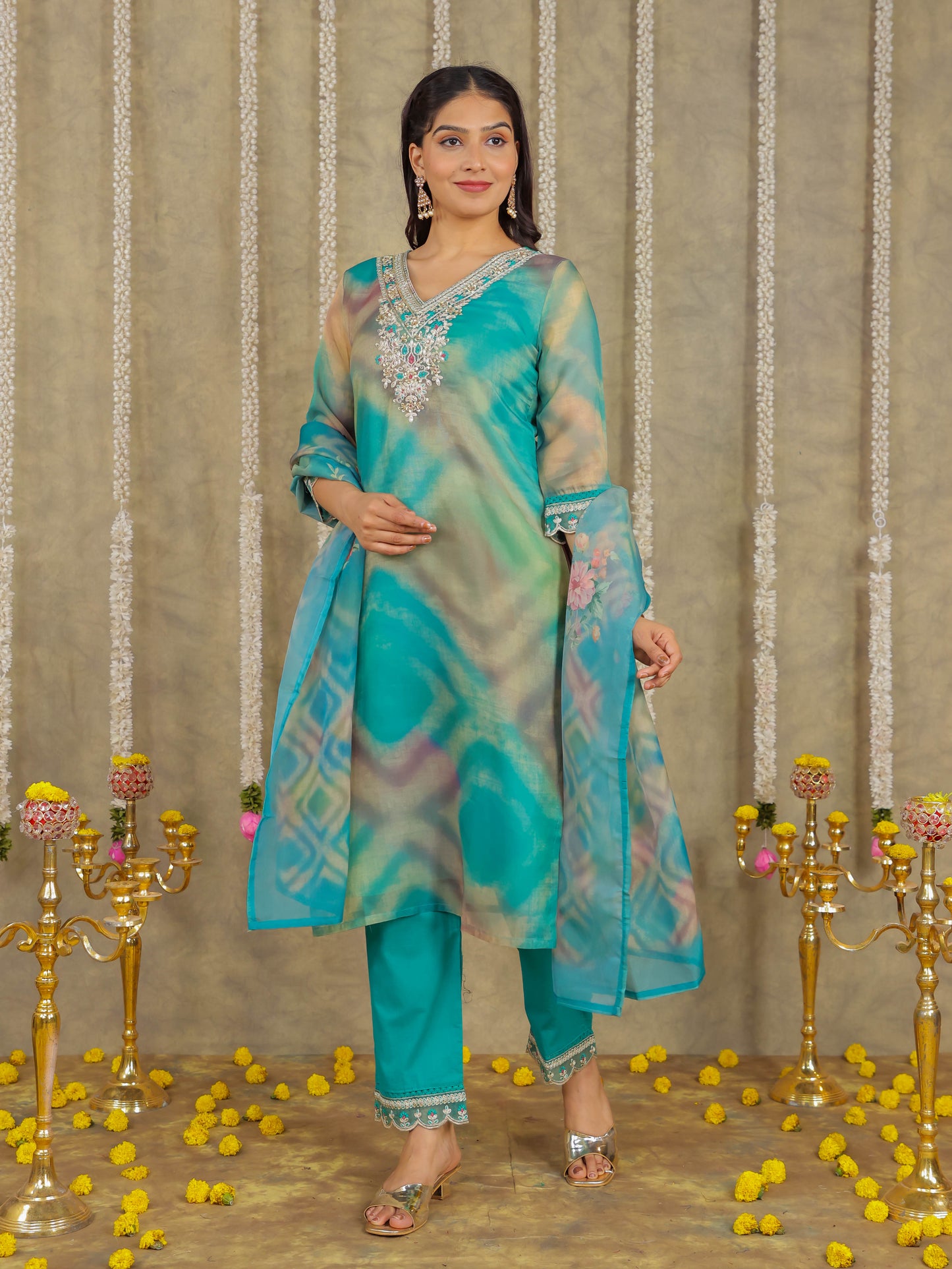 Embroidered Organza Solid Green Kurta