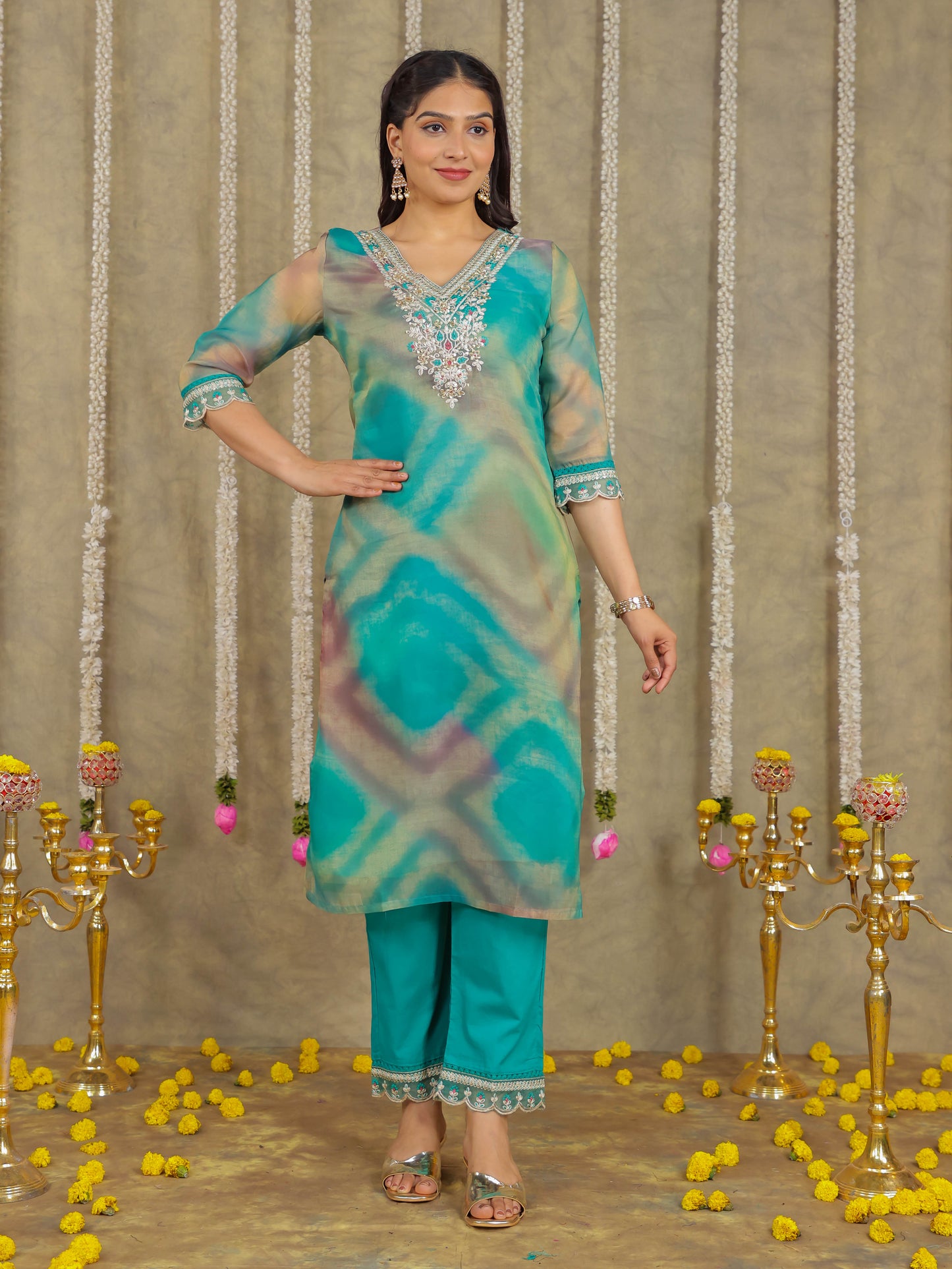 Embroidered Organza Solid Green Kurta