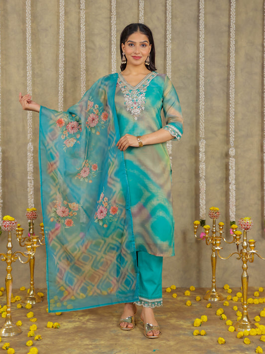 Embroidered Organza Solid Green Kurta