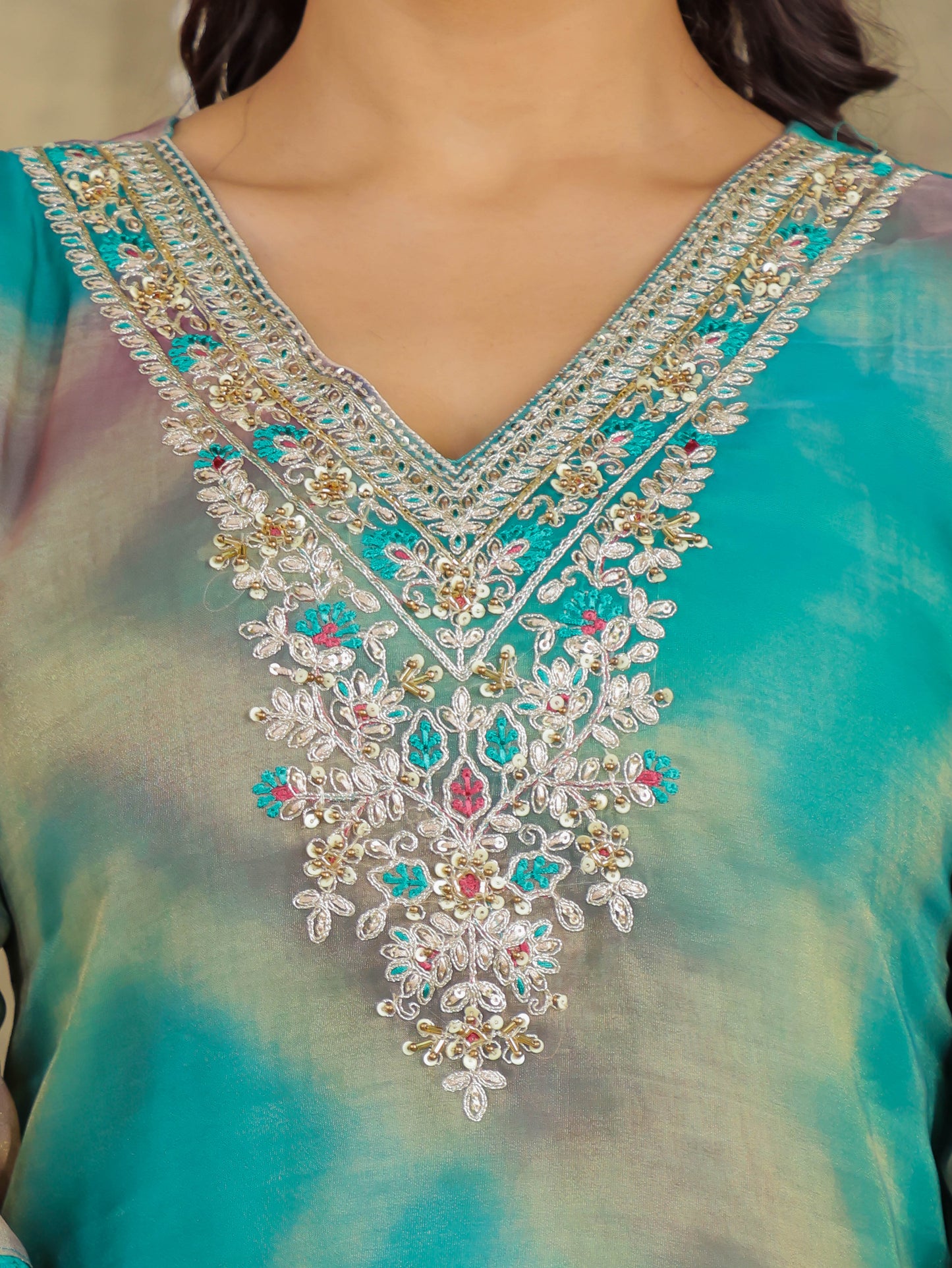 Embroidered Organza Solid Green Kurta