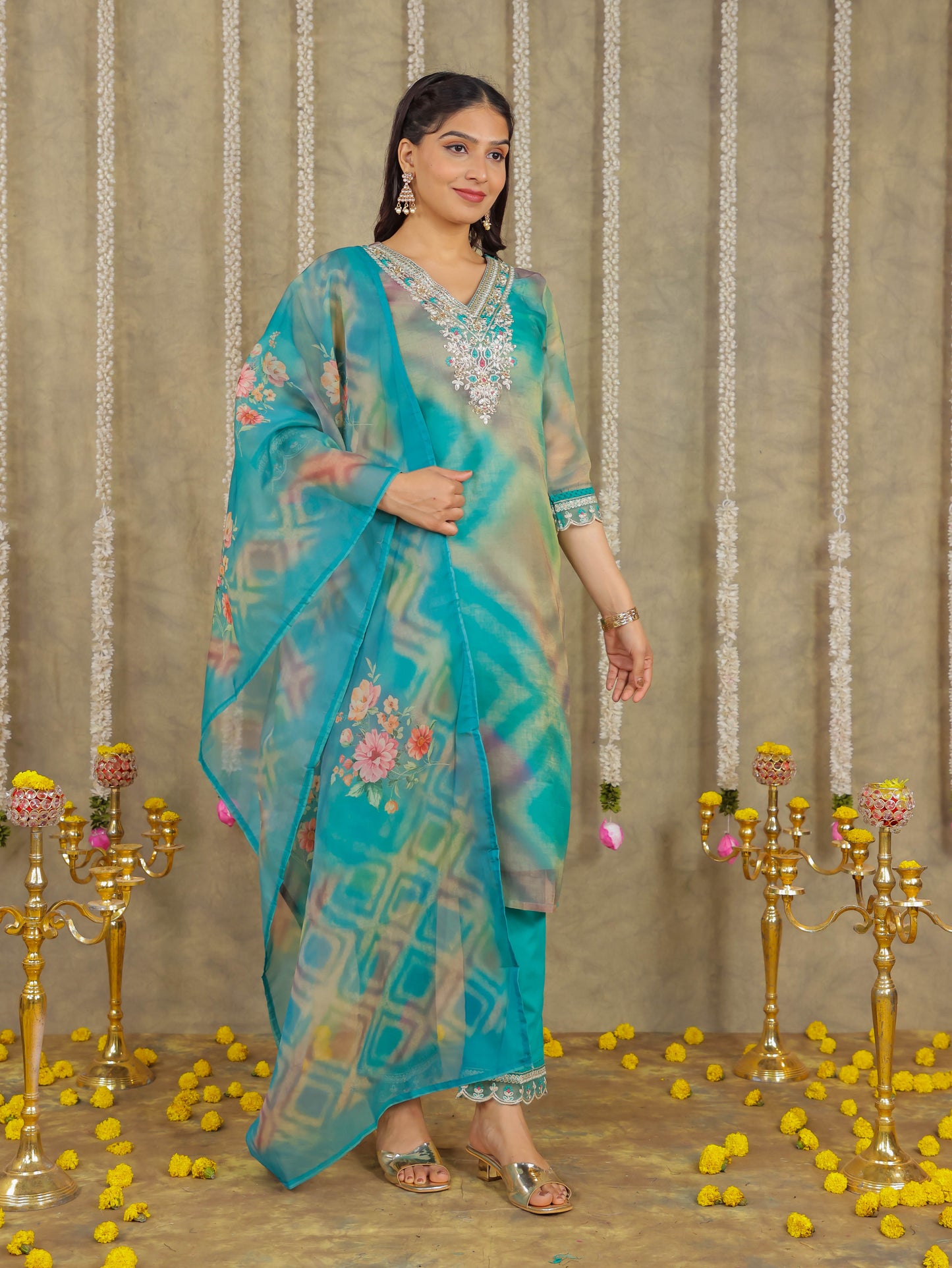 Embroidered Organza Solid Green Kurta