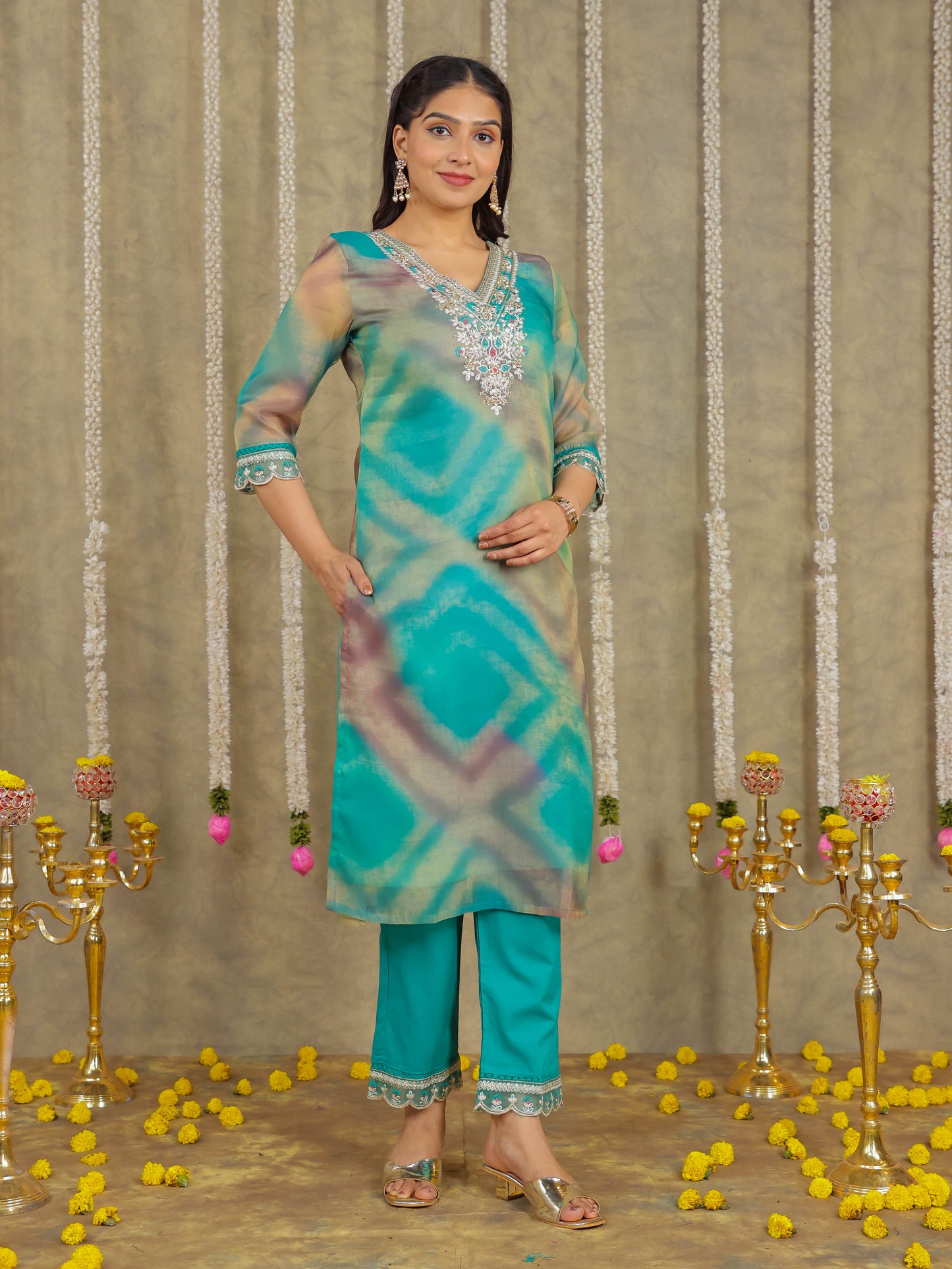 Embroidered Organza Solid Green Kurta