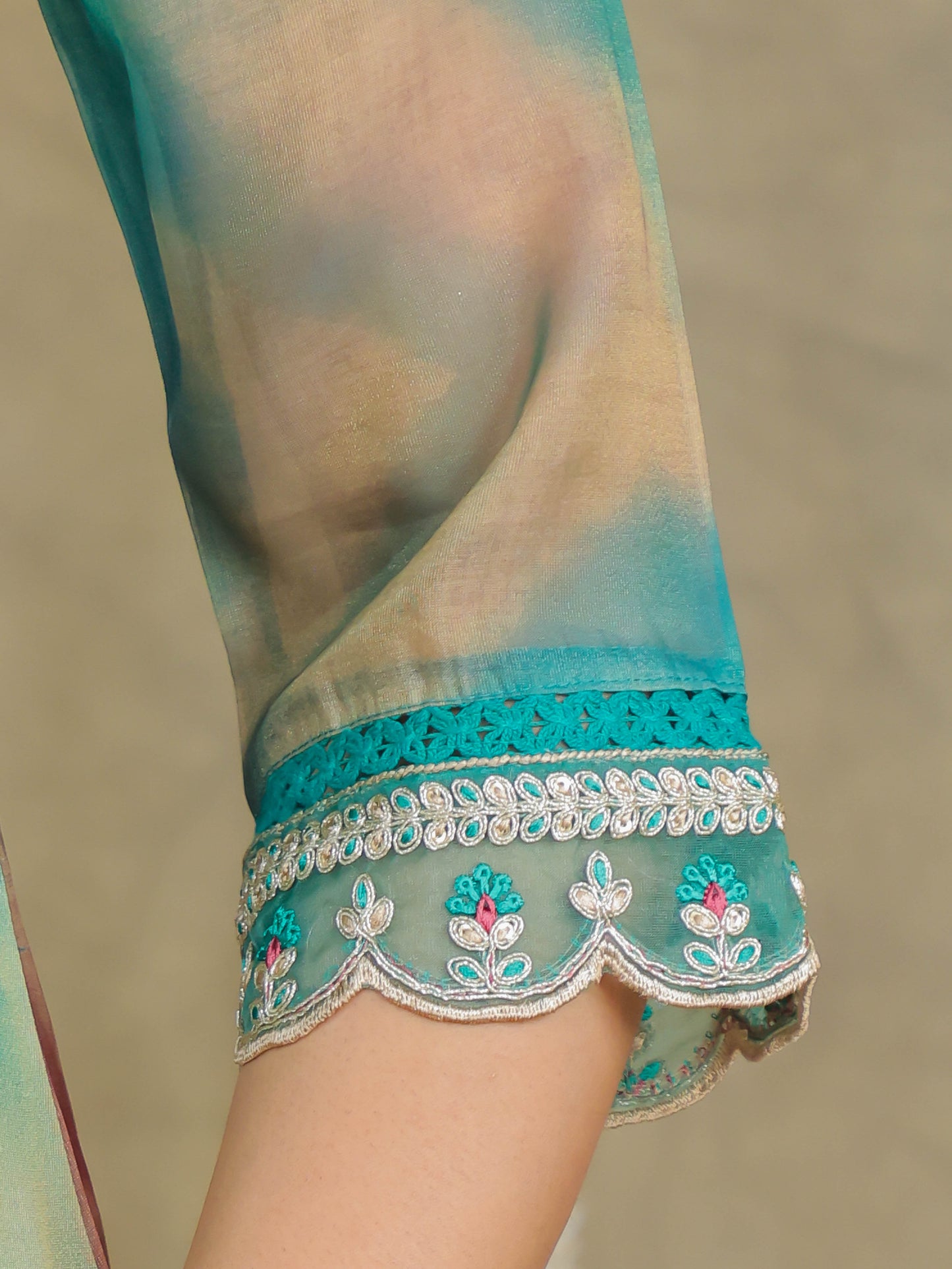 Embroidered Organza Solid Green Kurta