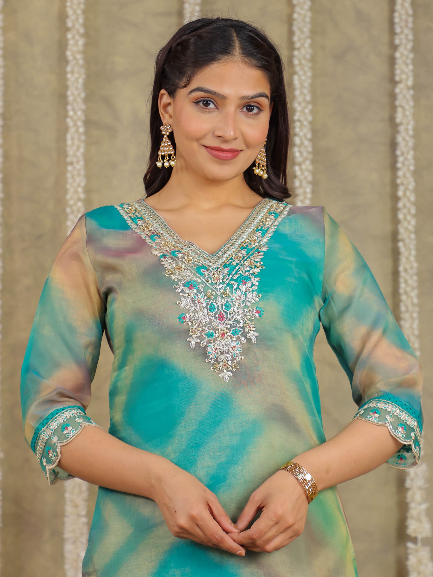 Embroidered Organza Solid Green Kurta