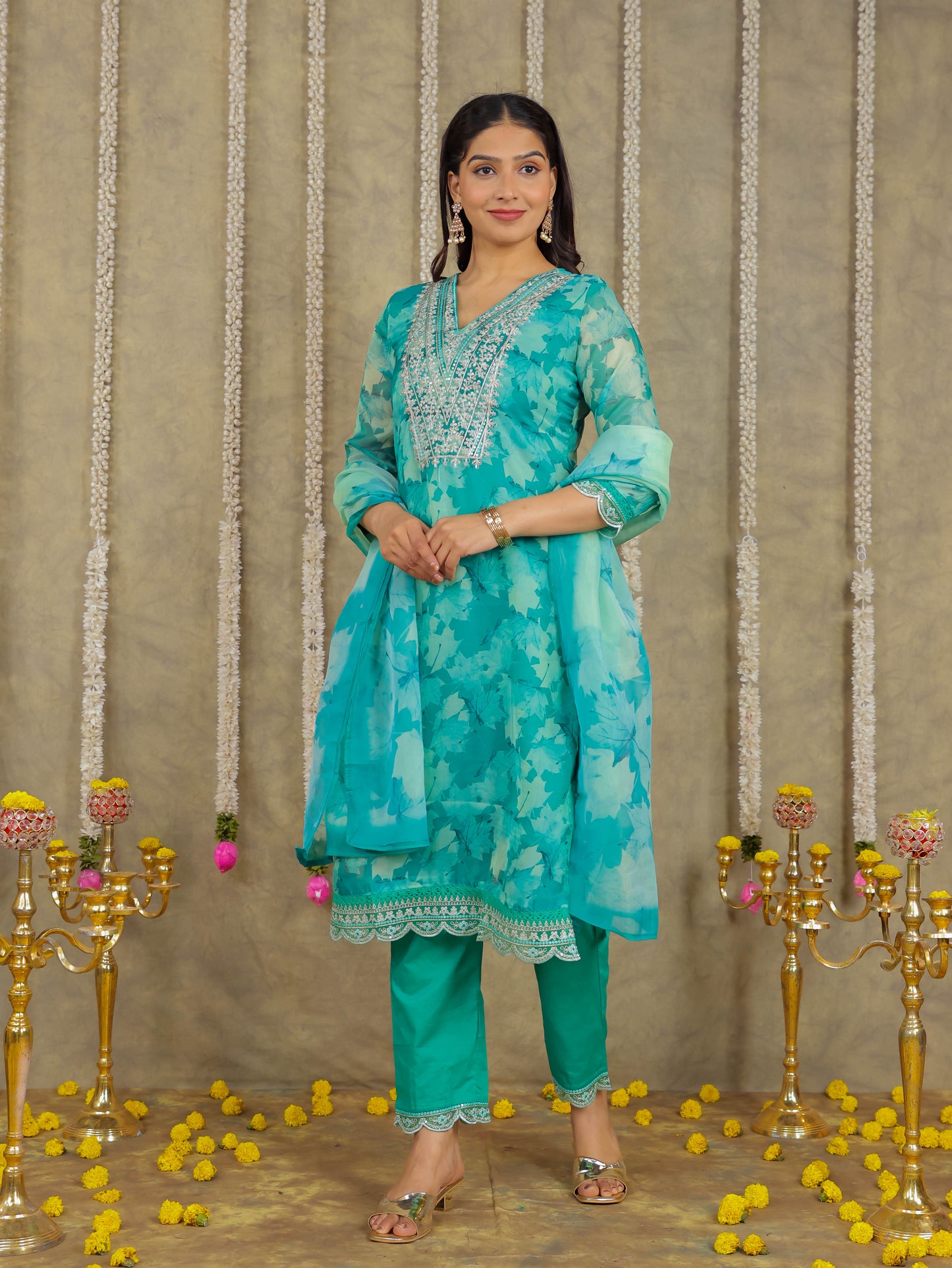 Embroidered Chanderi Foliage Green Kurta