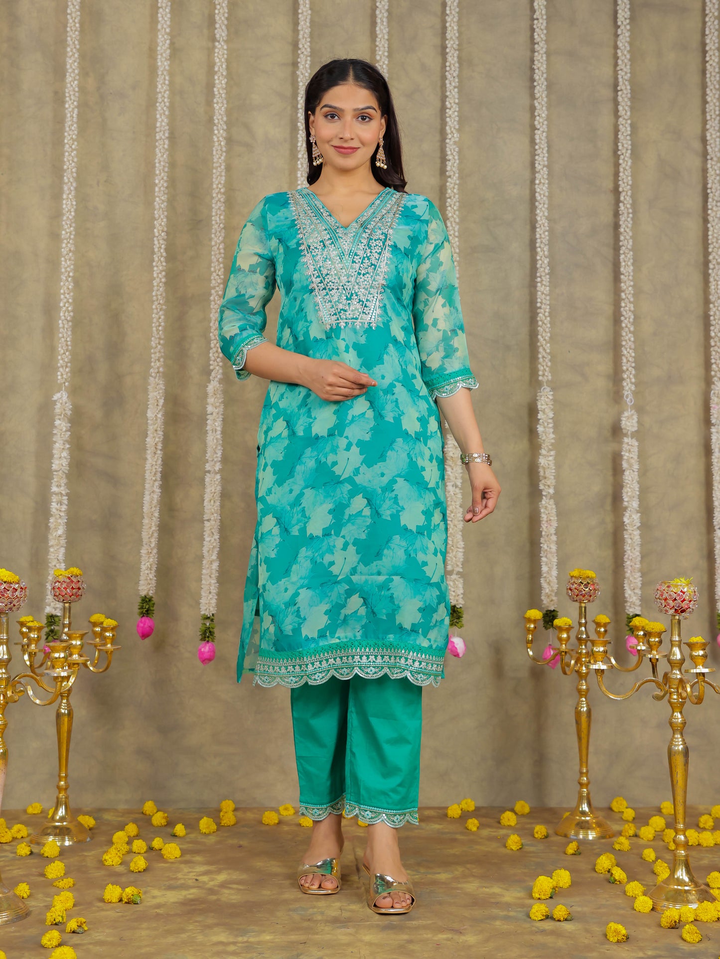 Embroidered Chanderi Foliage Green Kurta