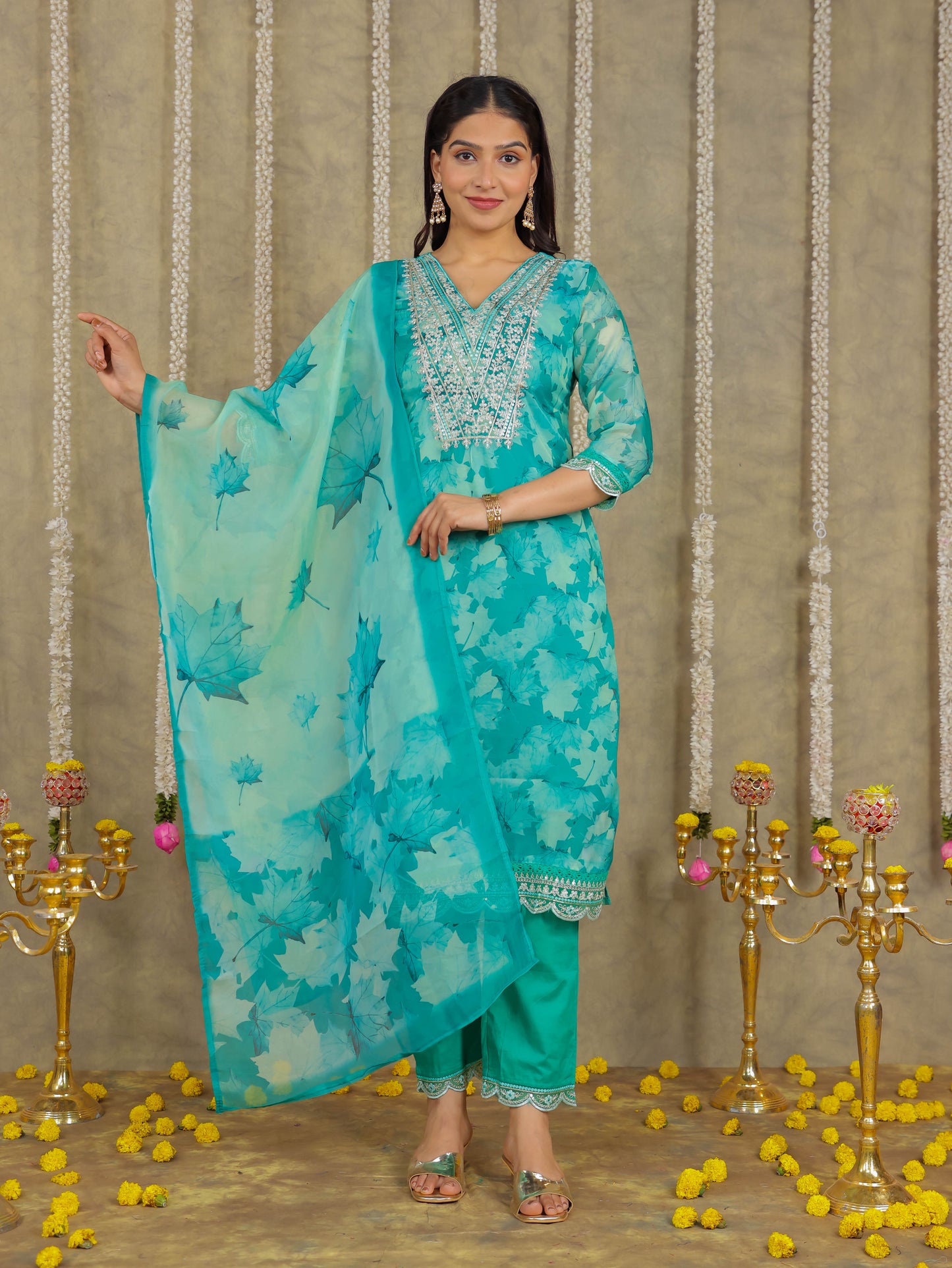 Embroidered Chanderi Foliage Green Kurta