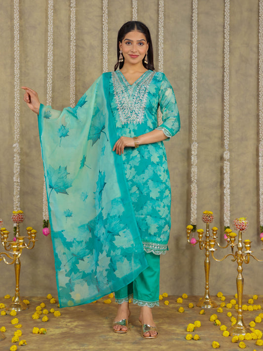 Embroidered Chanderi Foliage Green Kurta