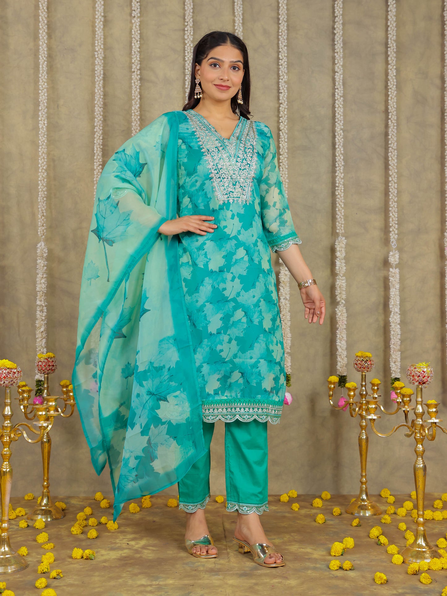 Embroidered Chanderi Foliage Green Kurta