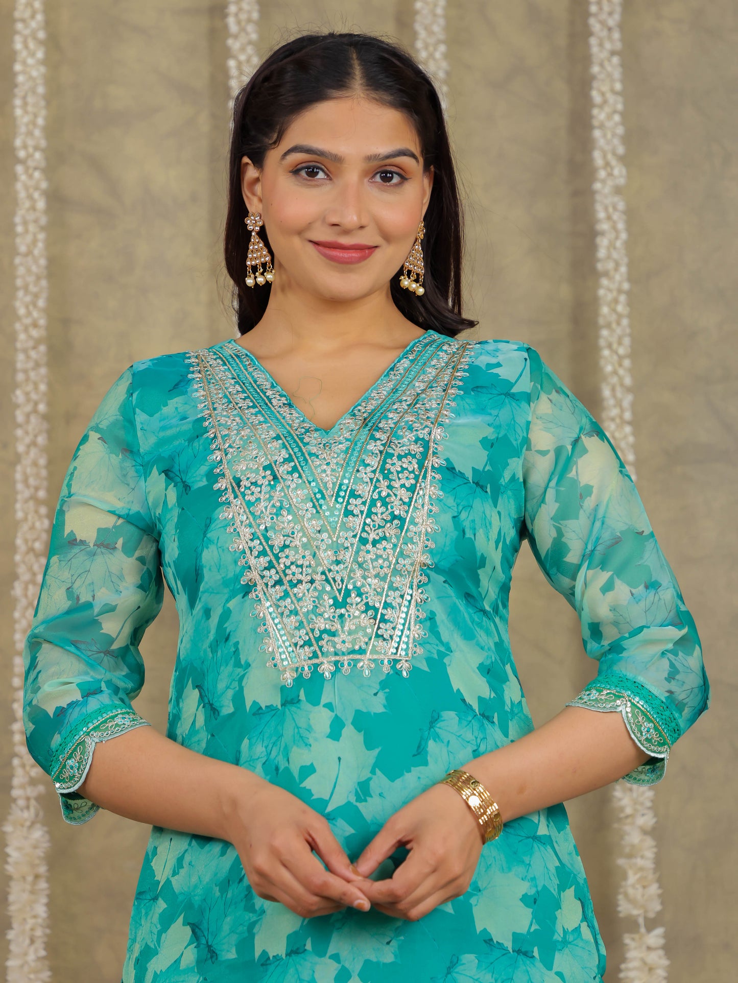 Embroidered Chanderi Foliage Green Kurta