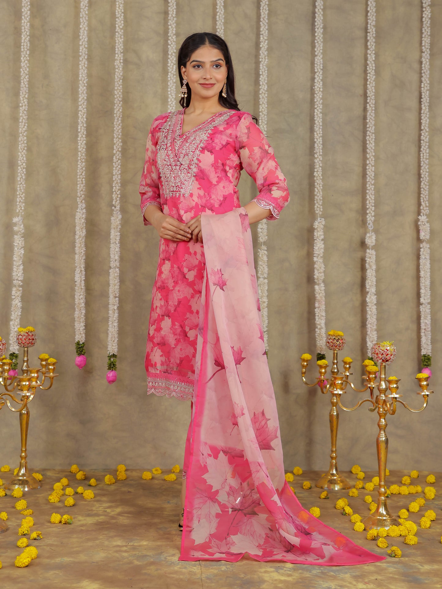 Embroidered Romen silk Foliage Pink Kurta