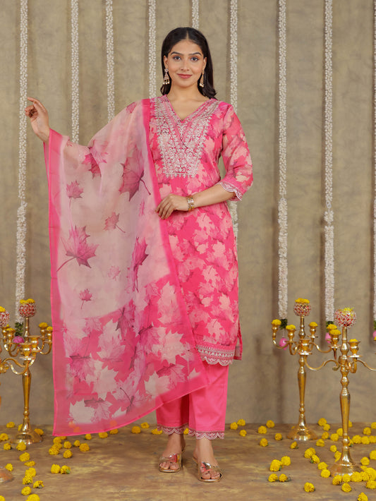 Embroidered Romen silk Foliage Pink Kurta