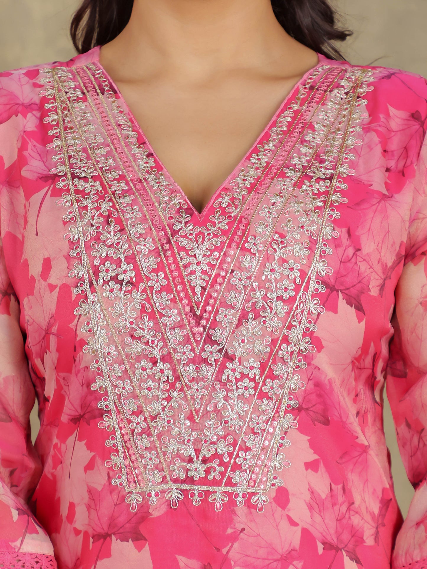 Embroidered Romen silk Foliage Pink Kurta
