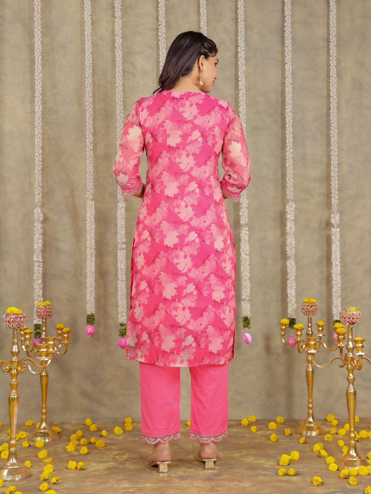 Embroidered Romen silk Foliage Pink Kurta