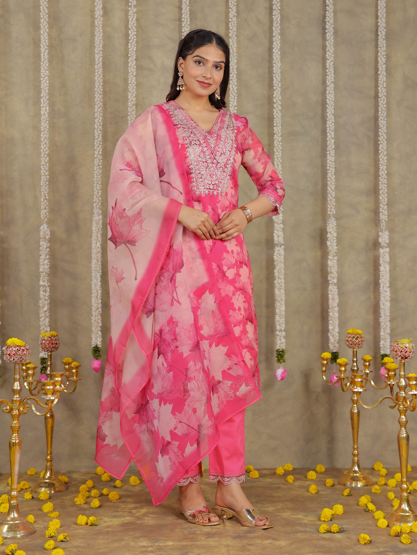 Embroidered Romen silk Foliage Pink Kurta