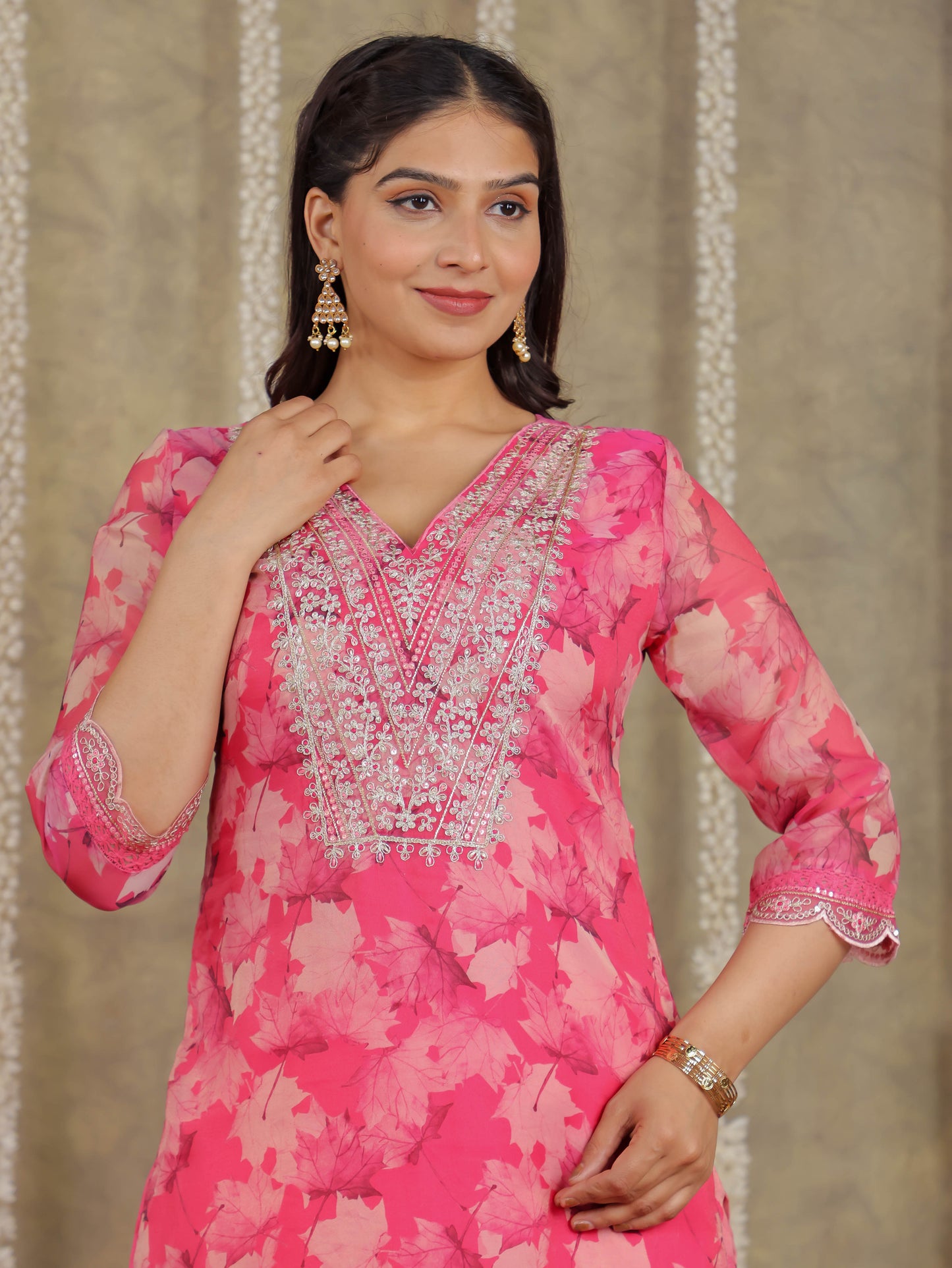 Embroidered Romen silk Foliage Pink Kurta