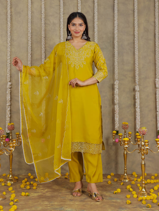 Embroidered Romen silk Solid Yellow Kurta