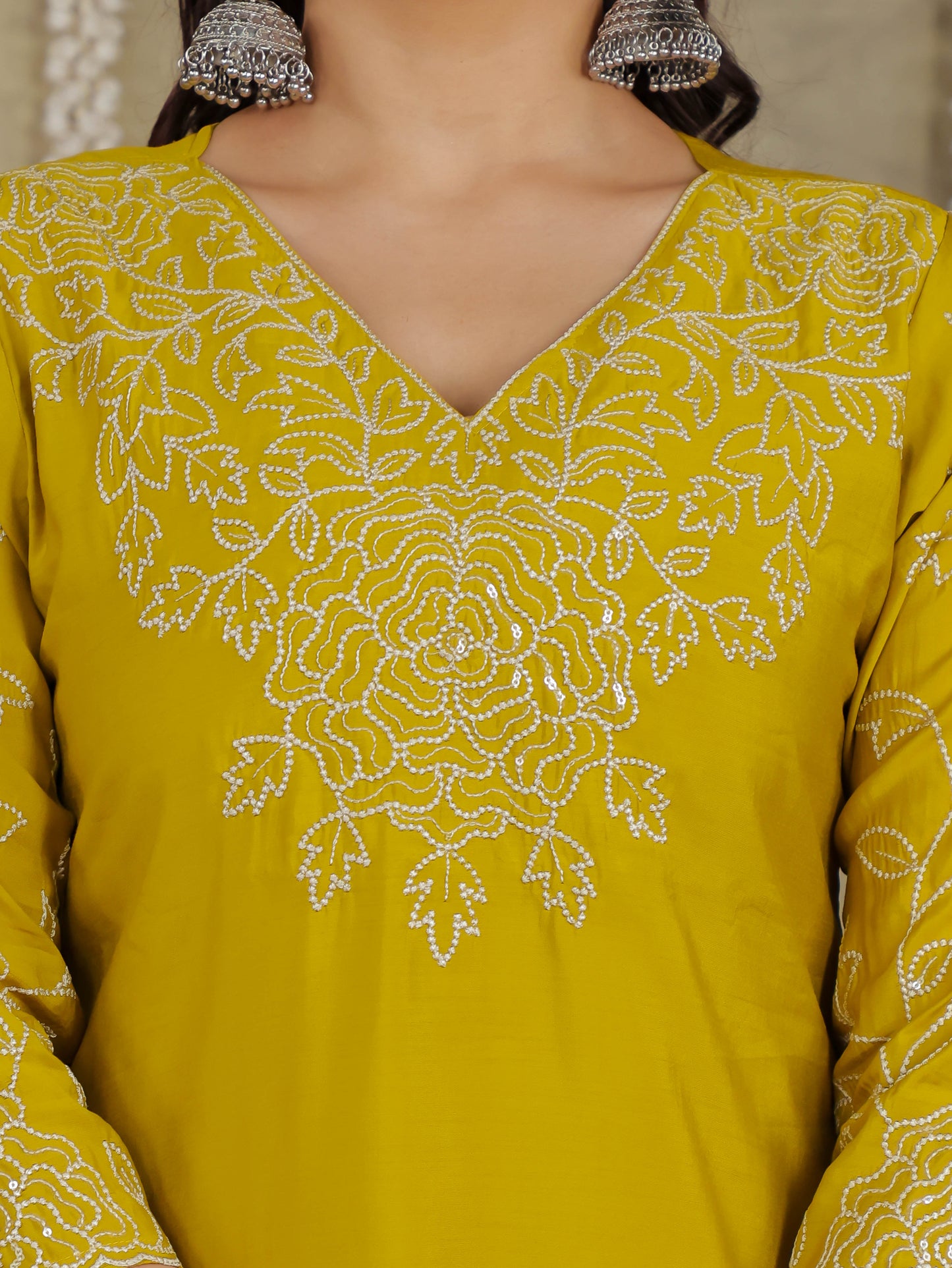 Embroidered Romen silk Solid Yellow Kurta