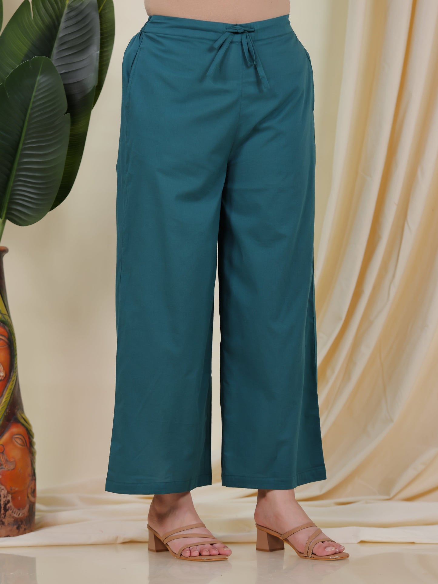 Soft Cotton Solid Green Palazzo