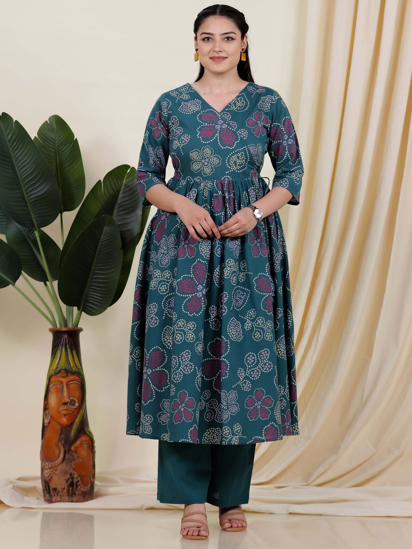 Soft Cotton Bandhani Angrakha Green Kurta