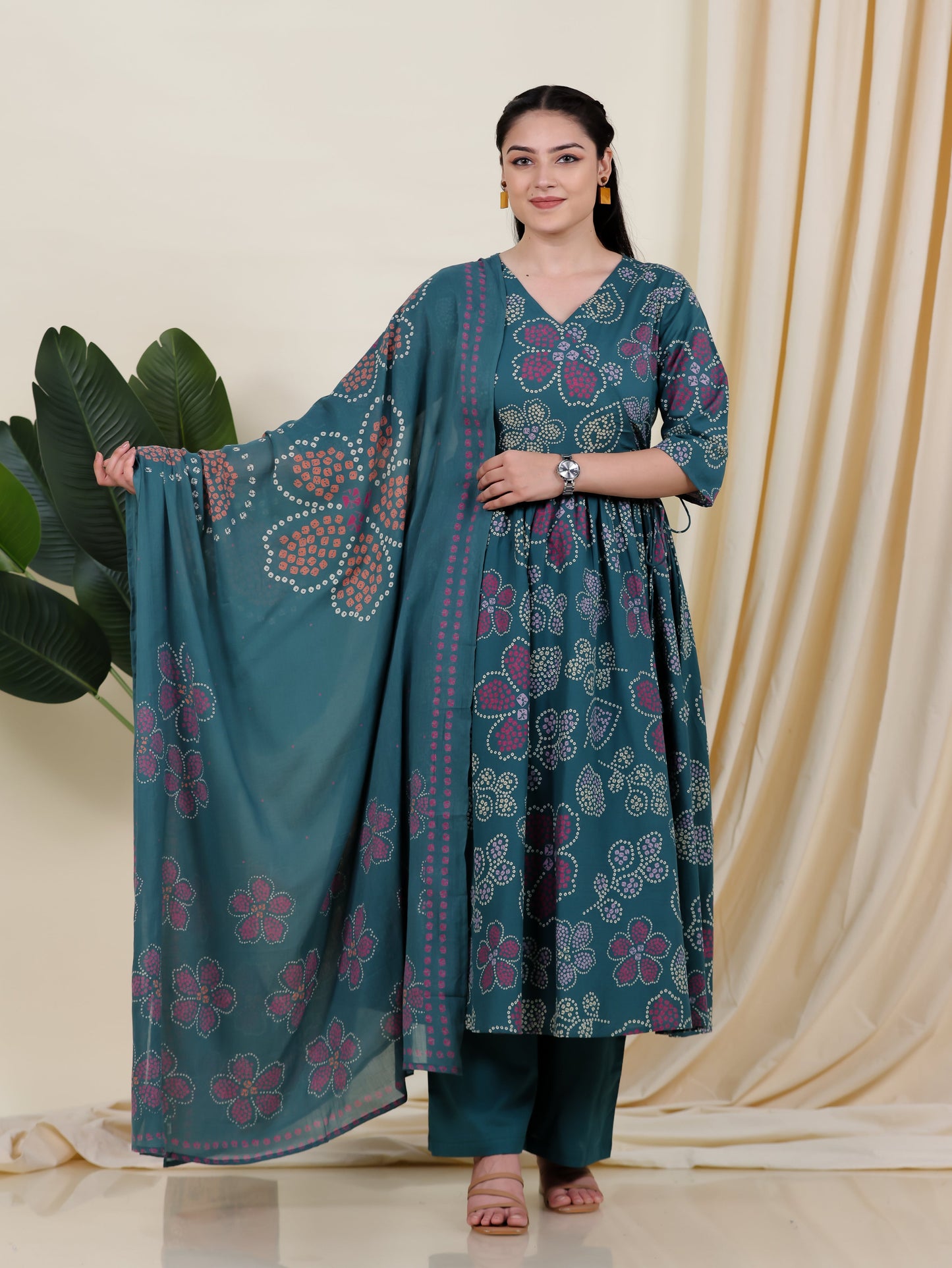 Soft Cotton Bandhani Angrakha Green Kurta