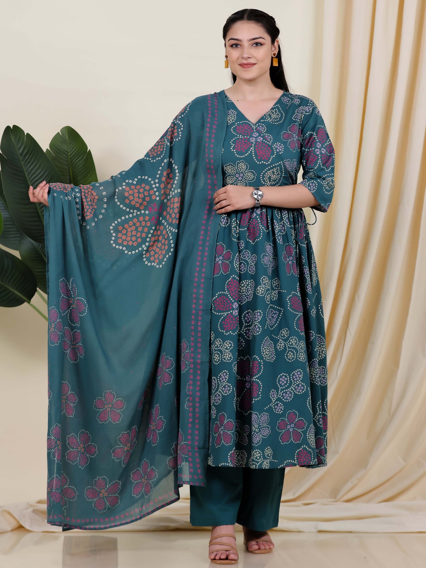 Soft Cotton Bandhani Angrakha Green Kurta