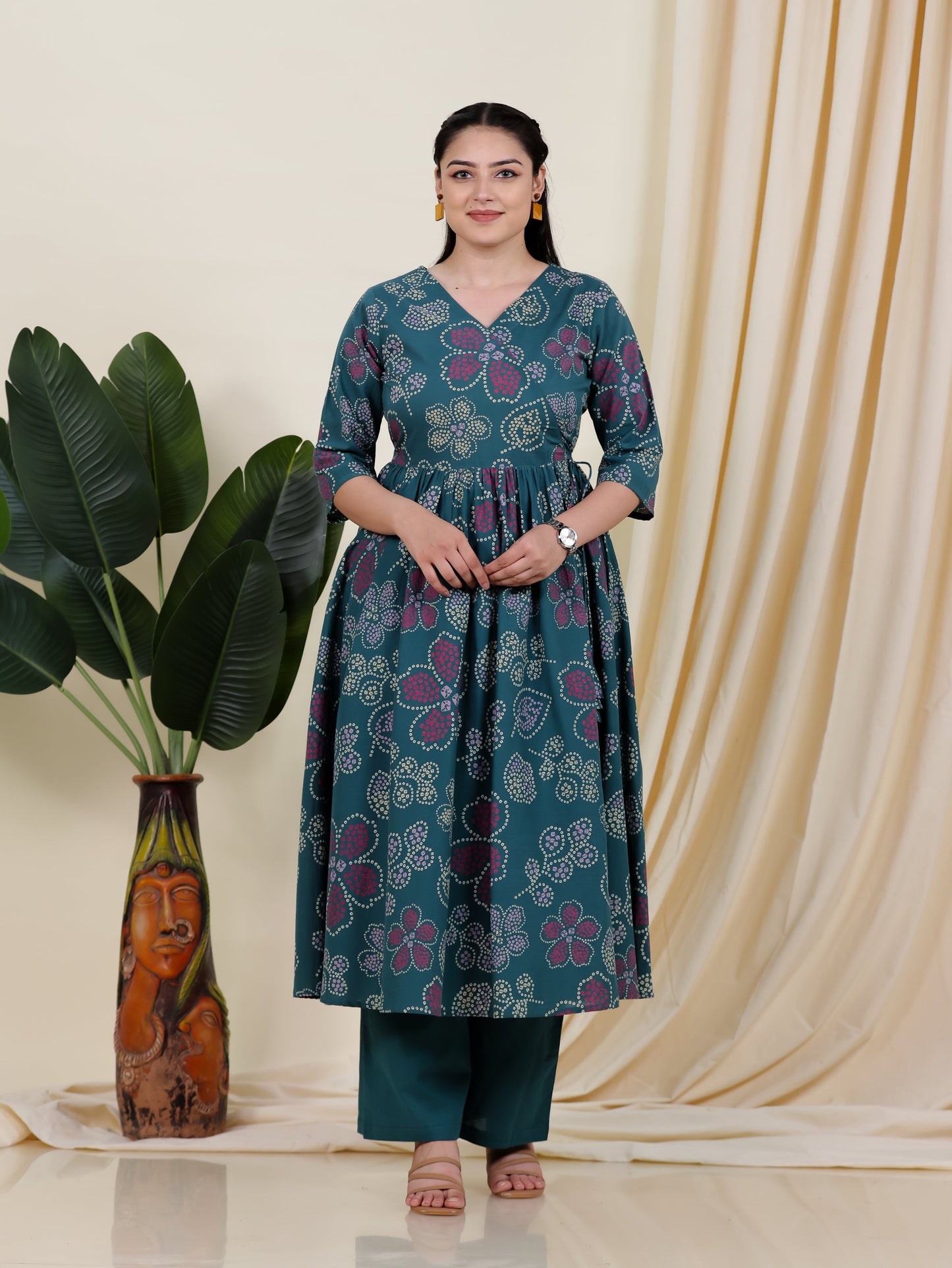 Soft Cotton Bandhani Angrakha Green Kurta