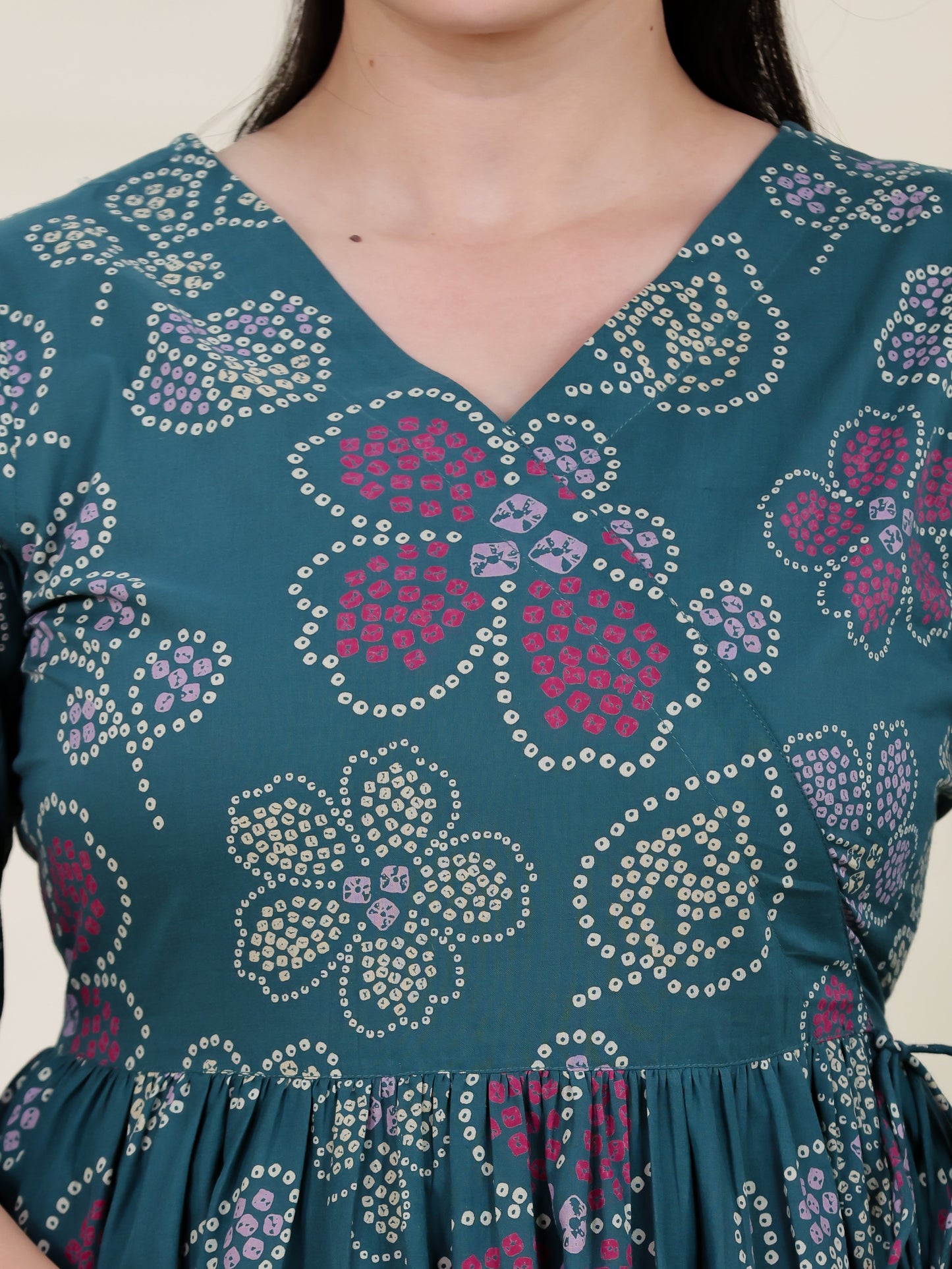 Soft Cotton Bandhani Angrakha Green Kurta