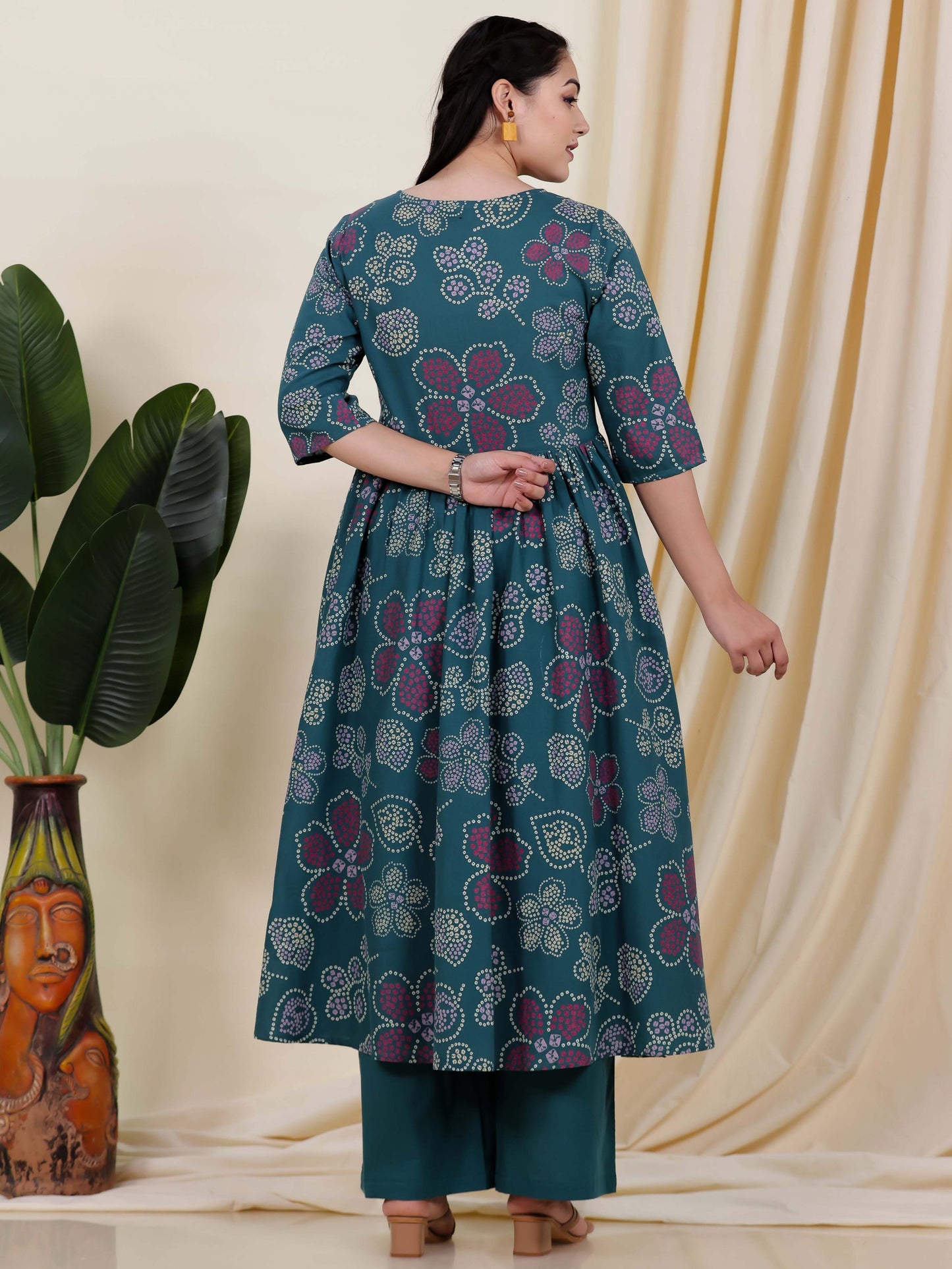 Soft Cotton Bandhani Angrakha Green Kurta