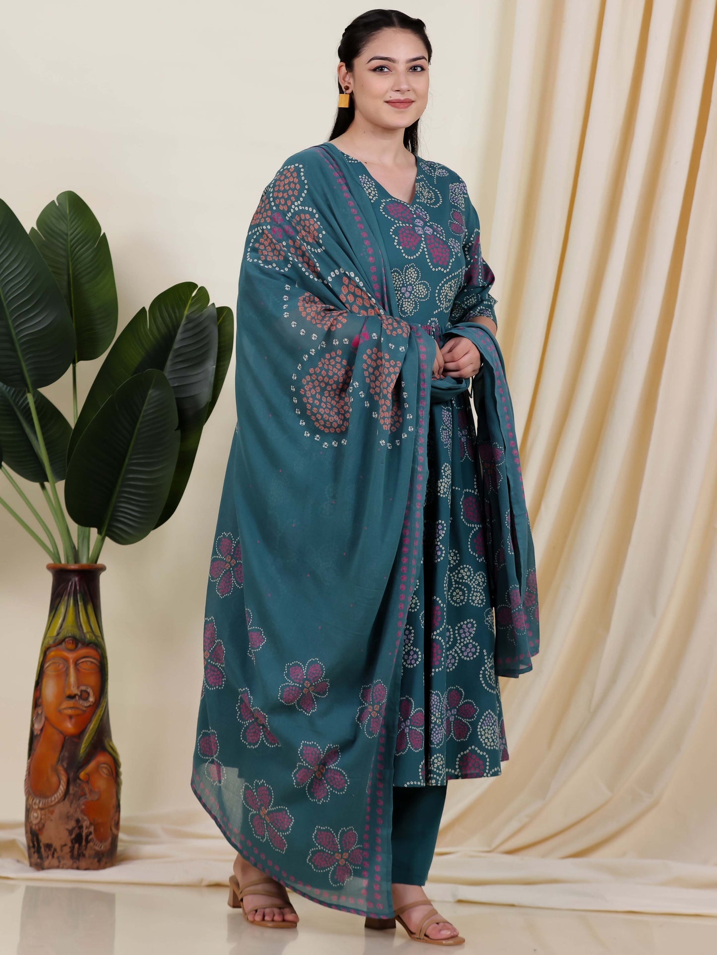Soft Cotton Bandhani Angrakha Green Kurta