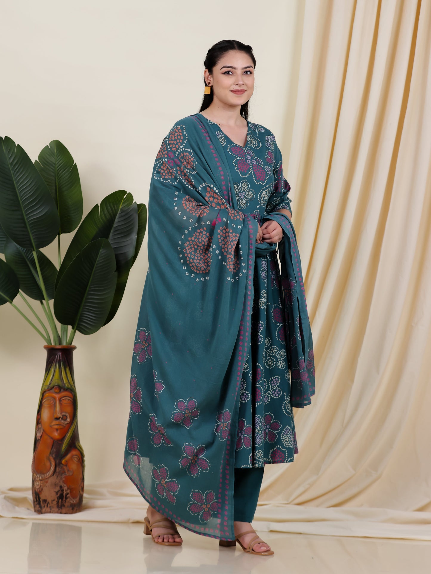 Soft Cotton Bandhani Angrakha Green Kurta