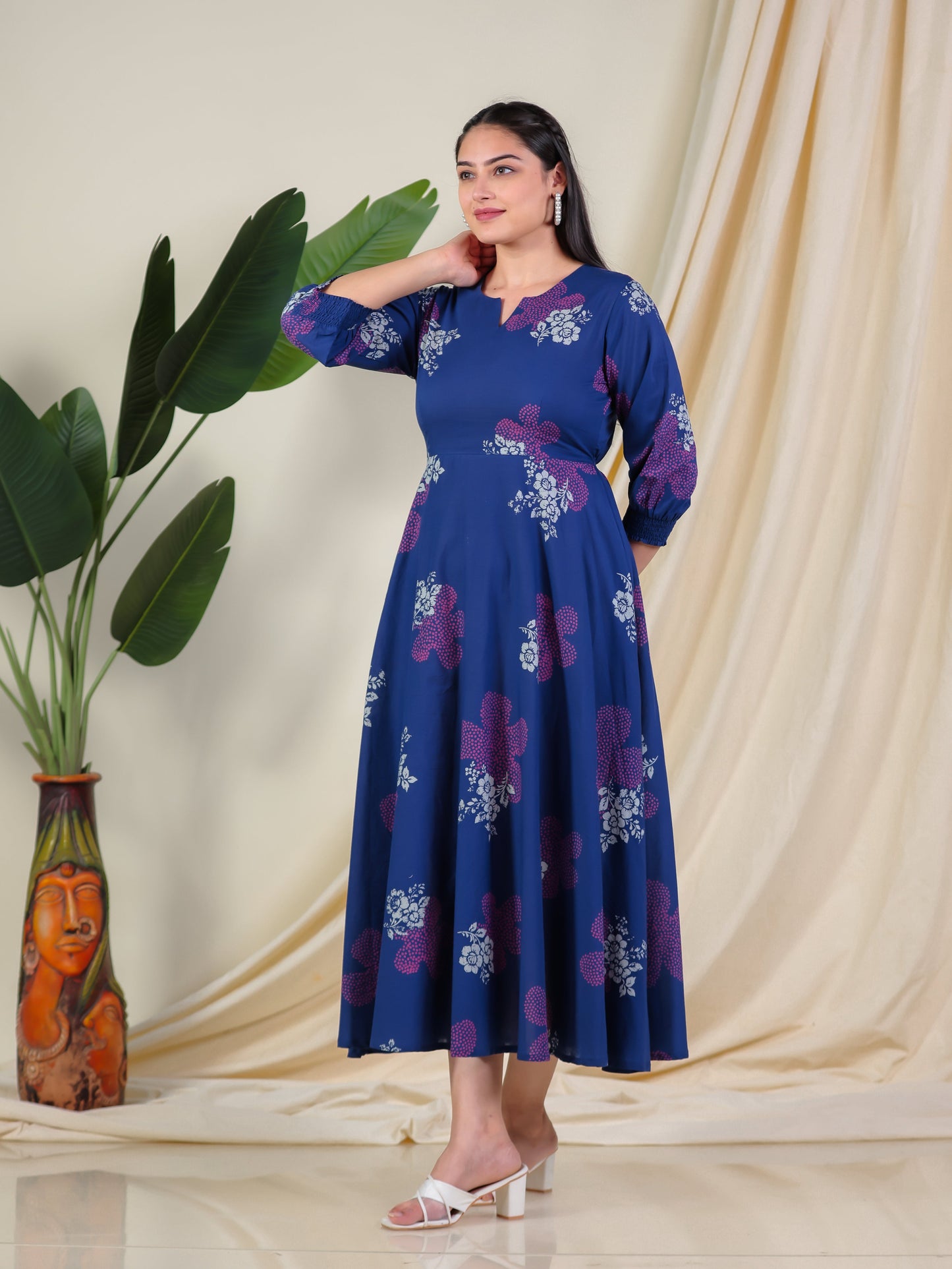 Soft Cotton Floral Anarkali Blue Dress