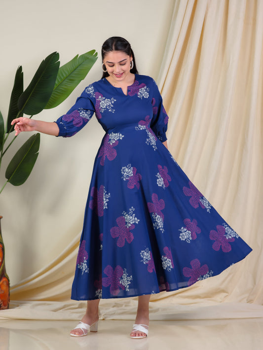 Soft Cotton Floral Anarkali Blue Dress