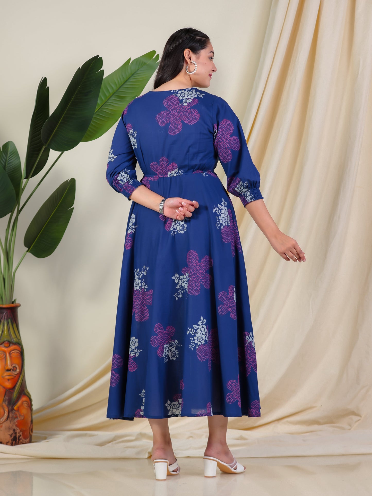 Soft Cotton Floral Anarkali Blue Dress