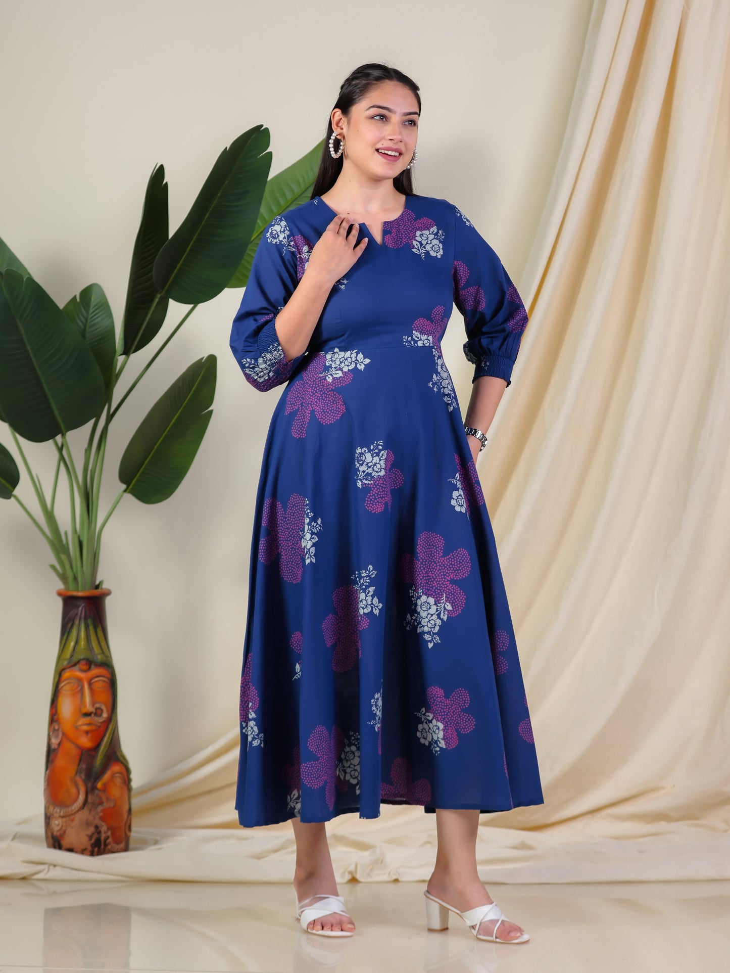 Soft Cotton Floral Anarkali Blue Dress