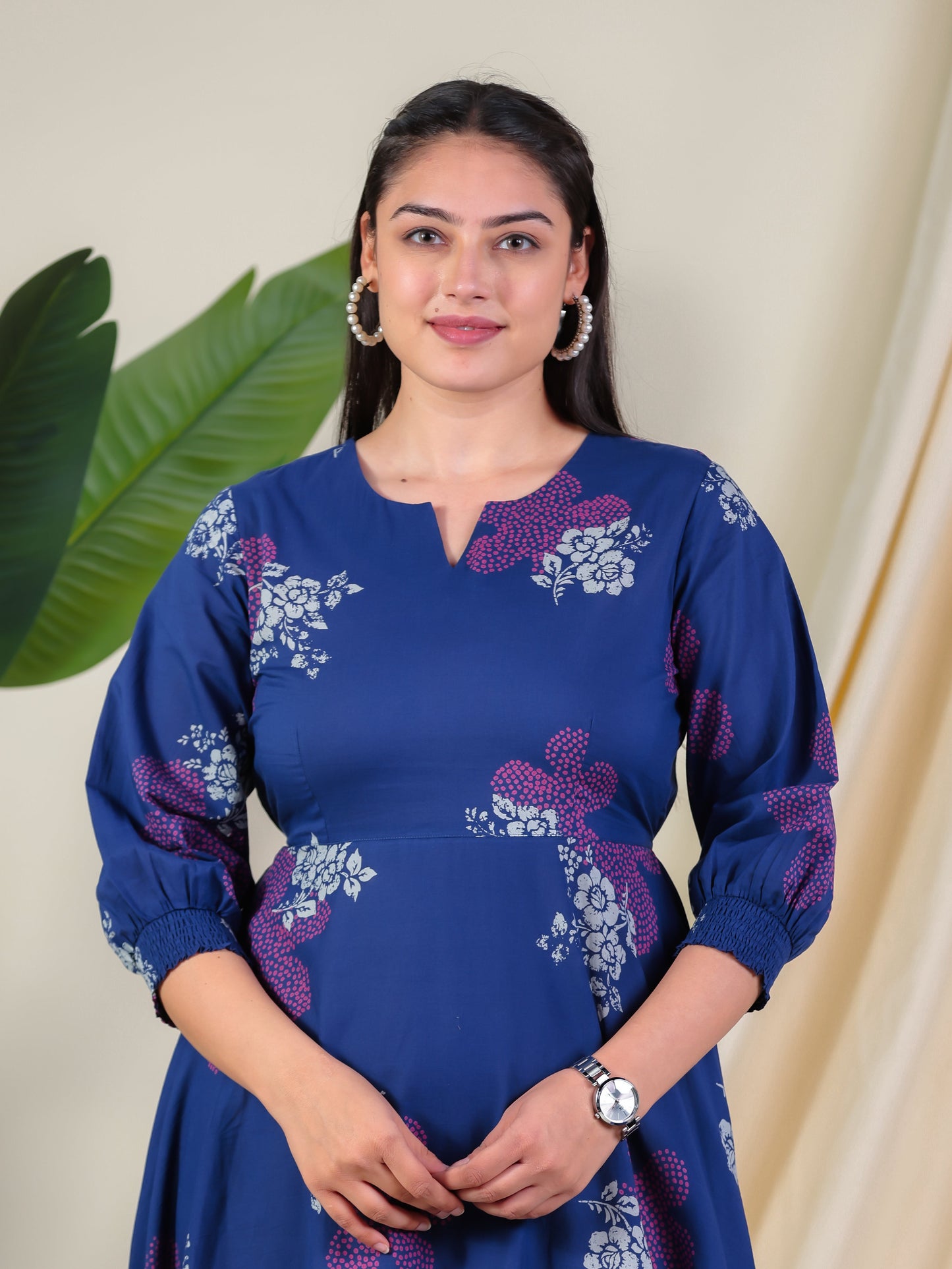 Soft Cotton Floral Anarkali Blue Dress