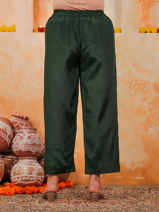 Poly Chanderi Solid Green Straight Trousers