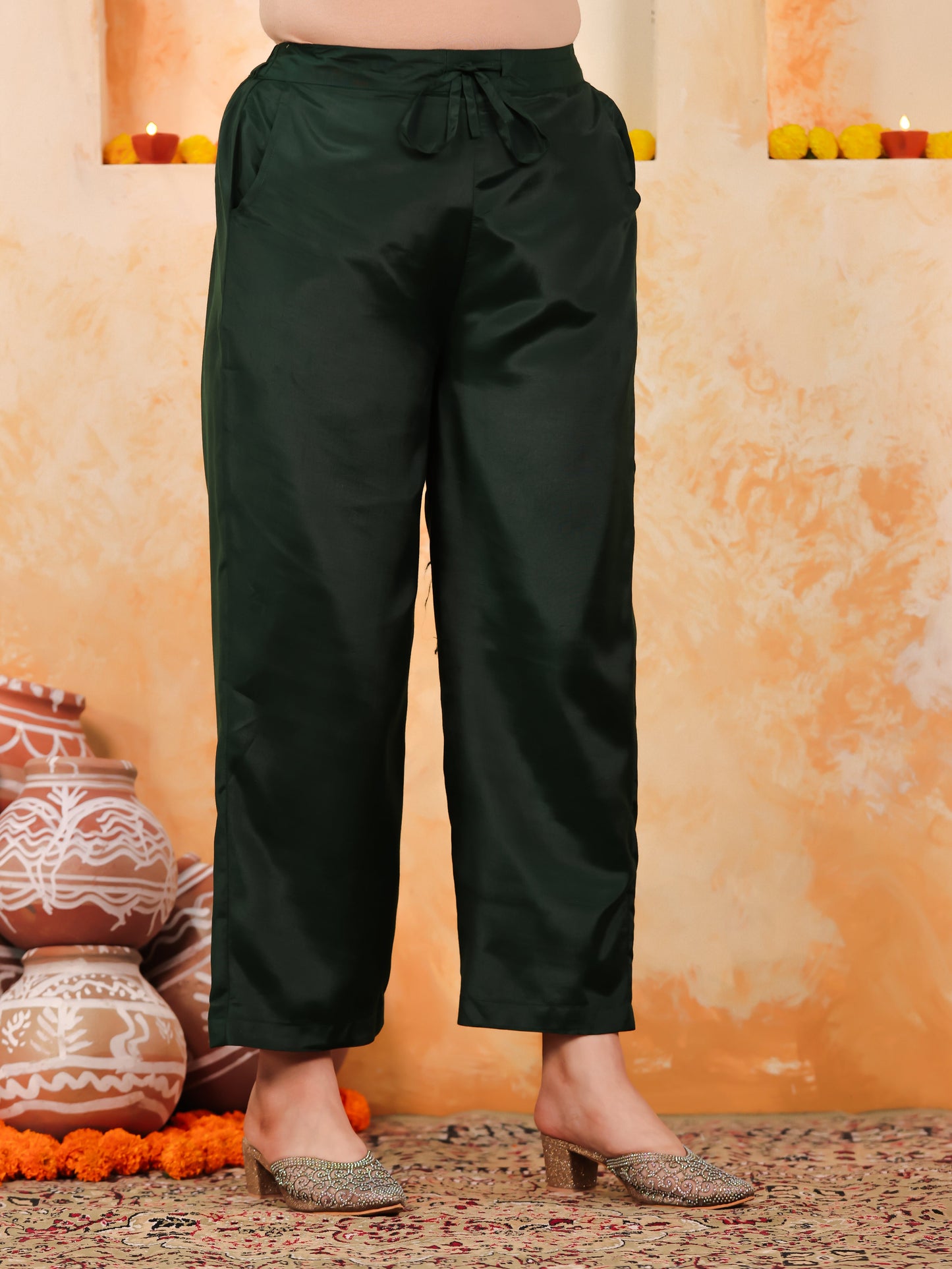 Poly Chanderi Solid Green Straight Trousers