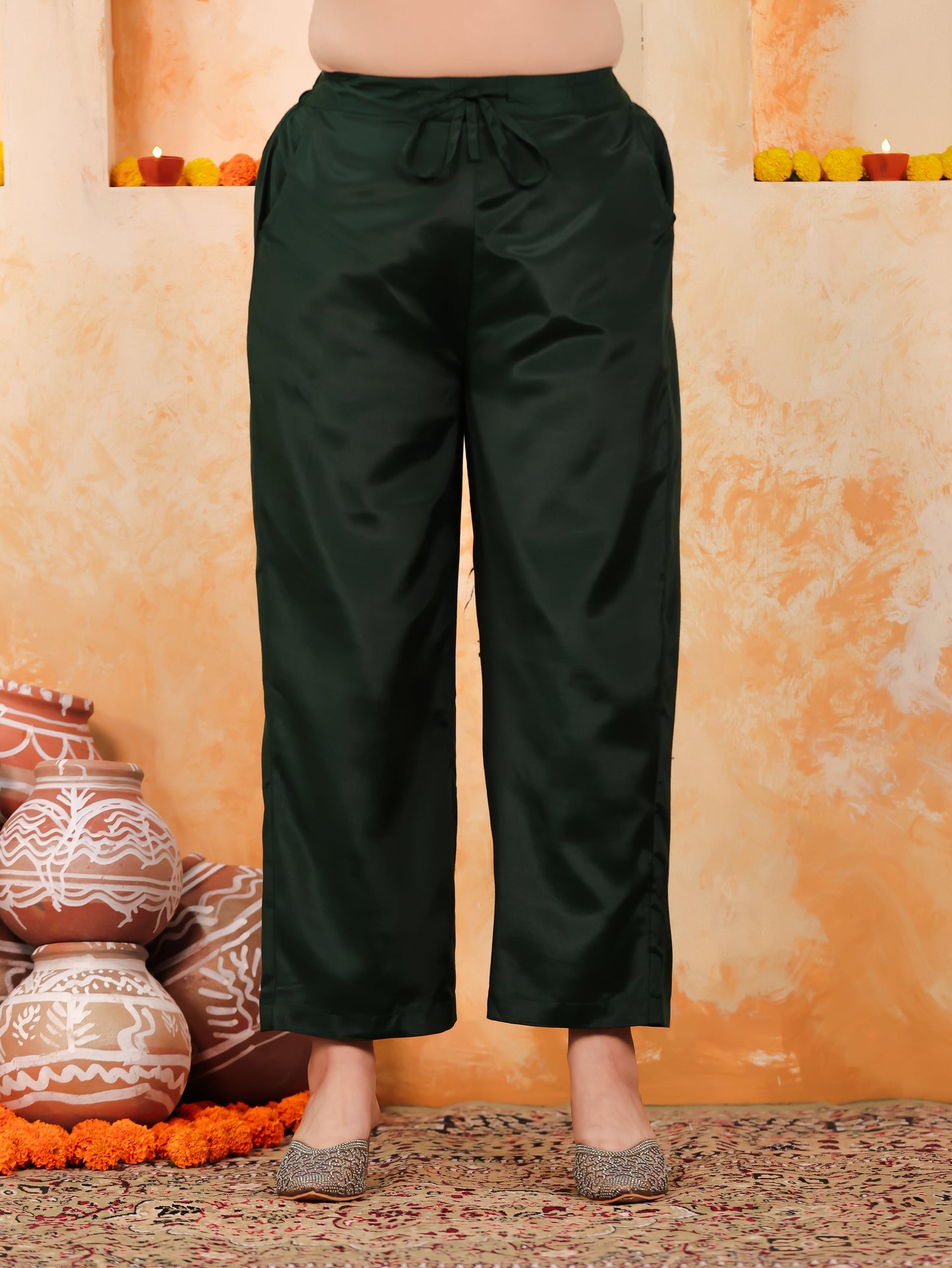 Poly Chanderi Solid Green Straight Trousers