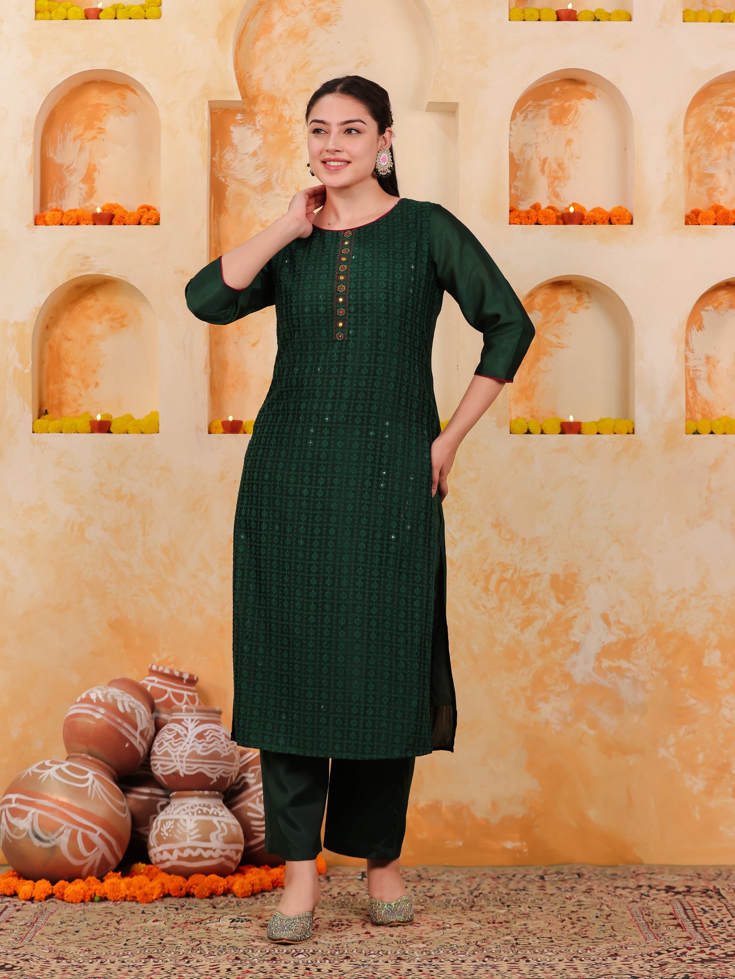 Embroidered Self Design Chanderi Solid Straight Green Kurta
