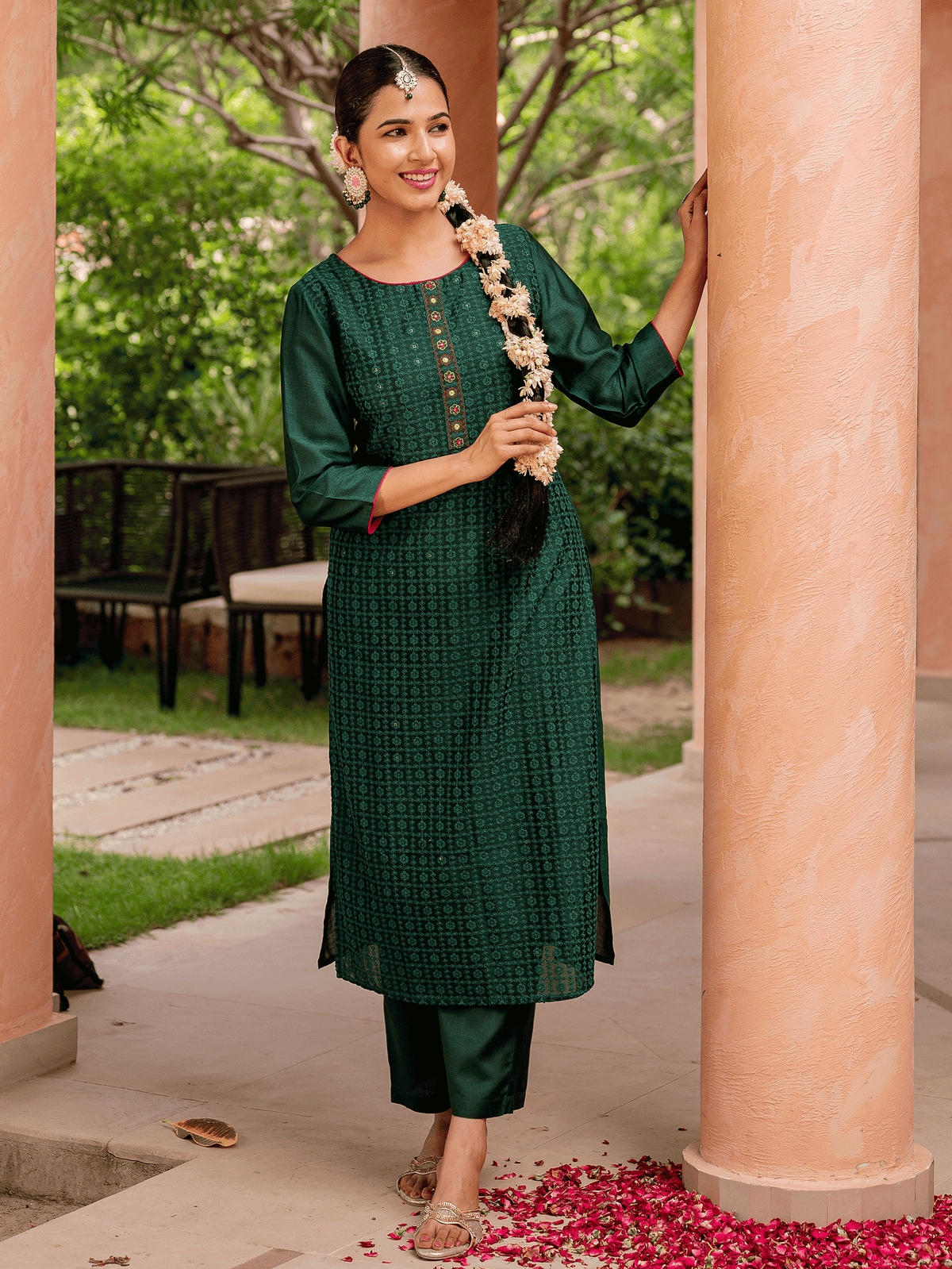 Embroidered Chanderi Solid Straight Green Kurta
