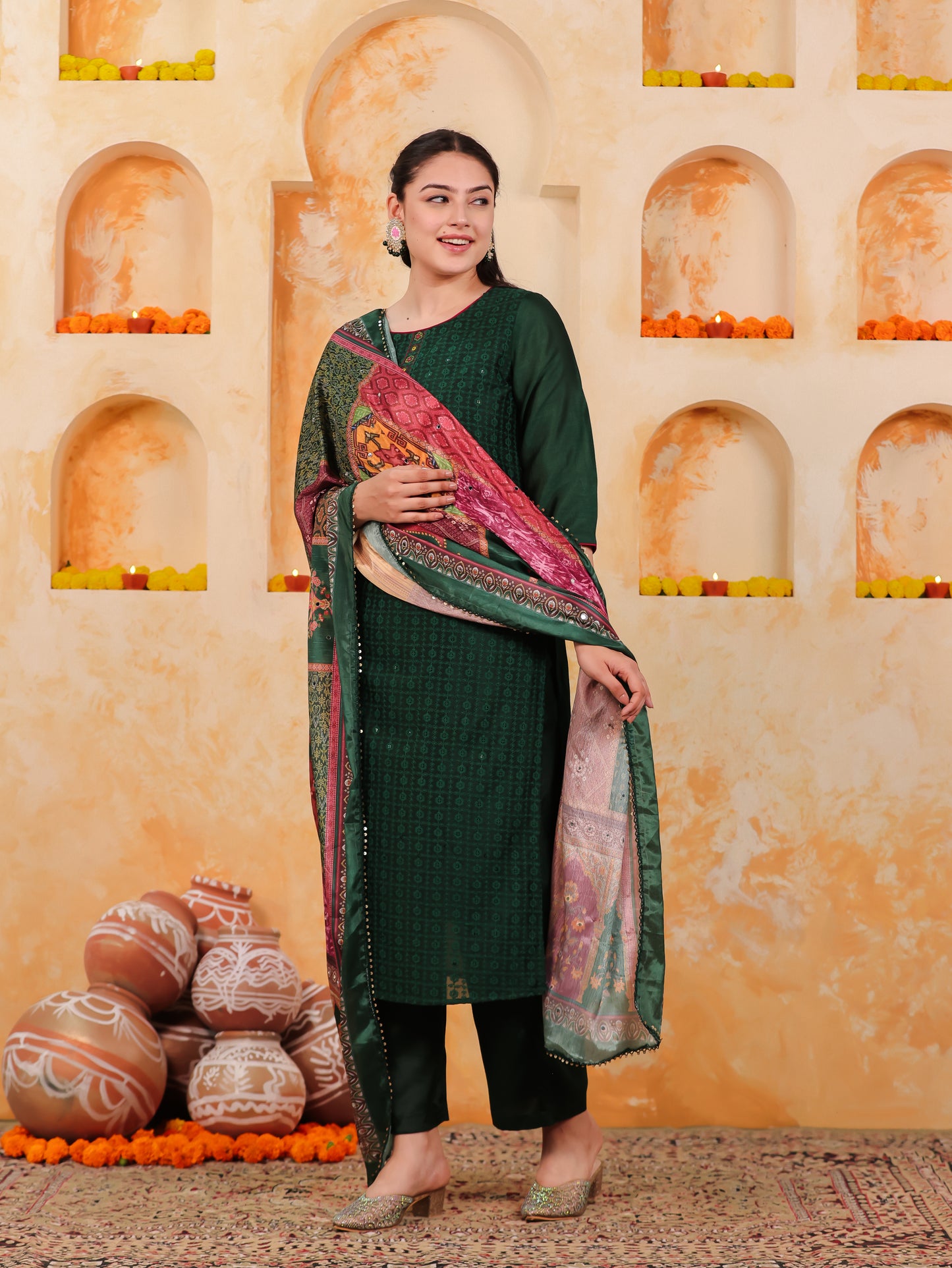 Embroidered Self Design Chanderi Solid Straight Green Kurta