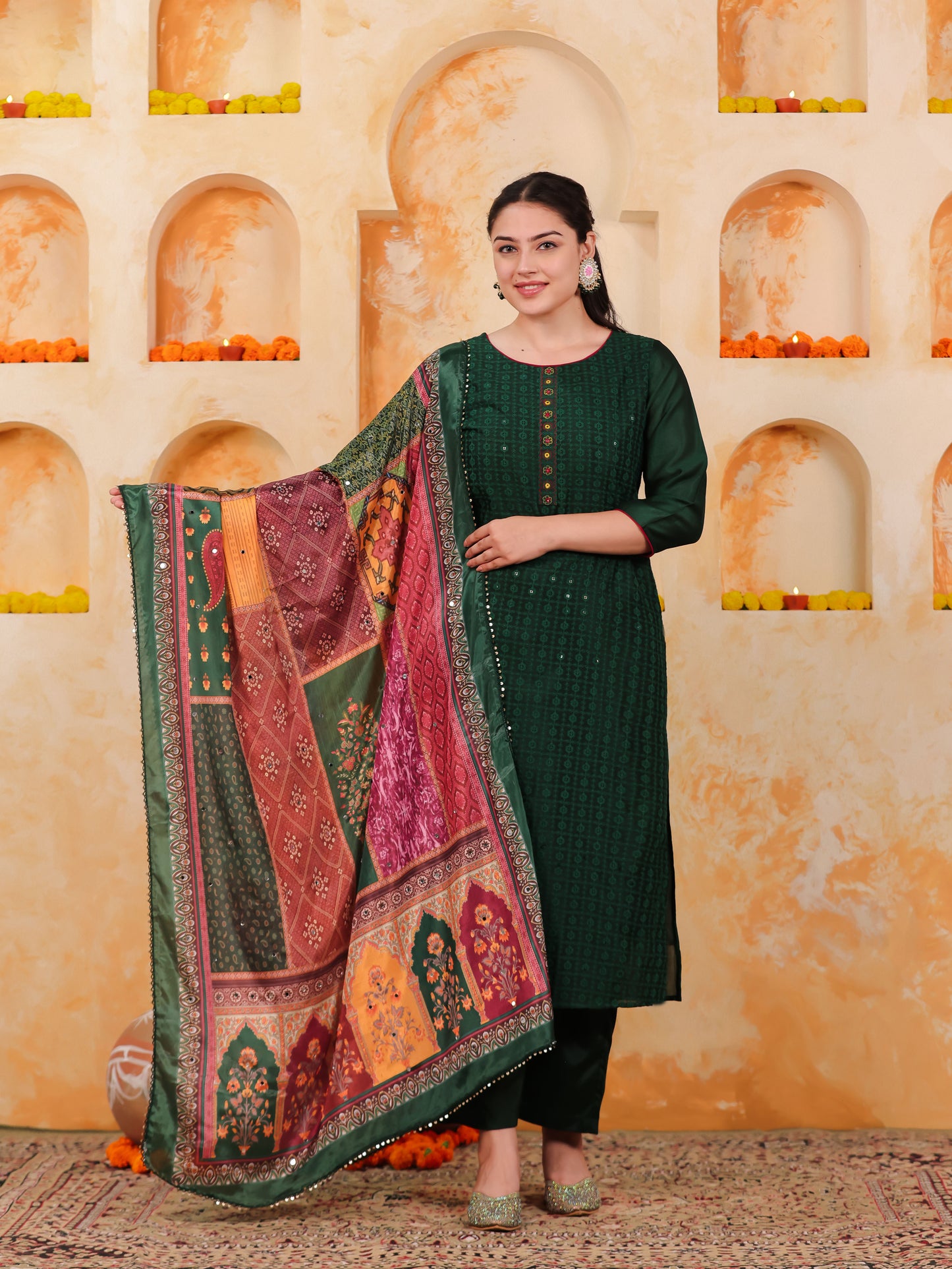 Embroidered Self Design Chanderi Solid Straight Green Kurta