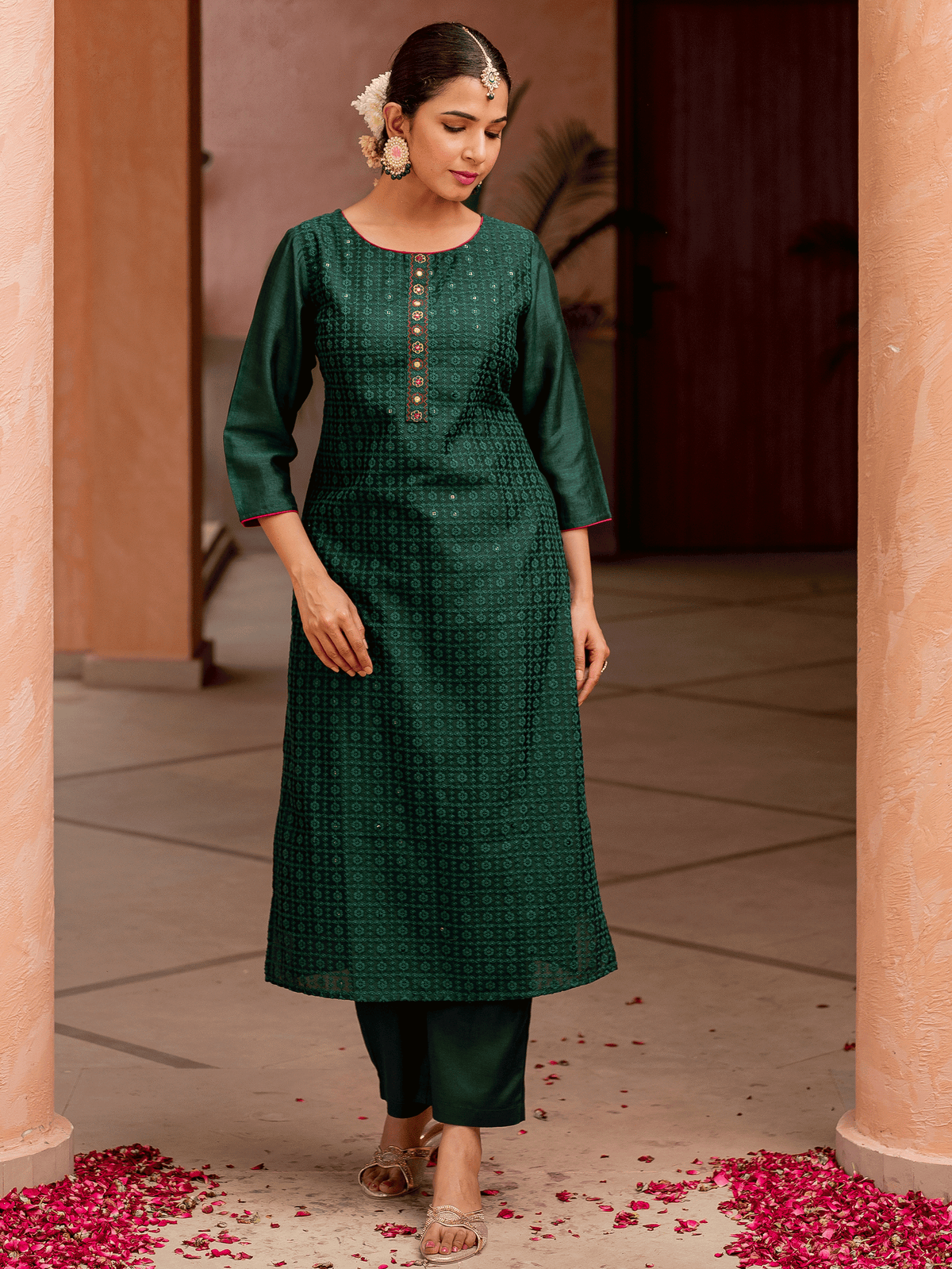 Embroidered Chanderi Solid Straight Green Kurta
