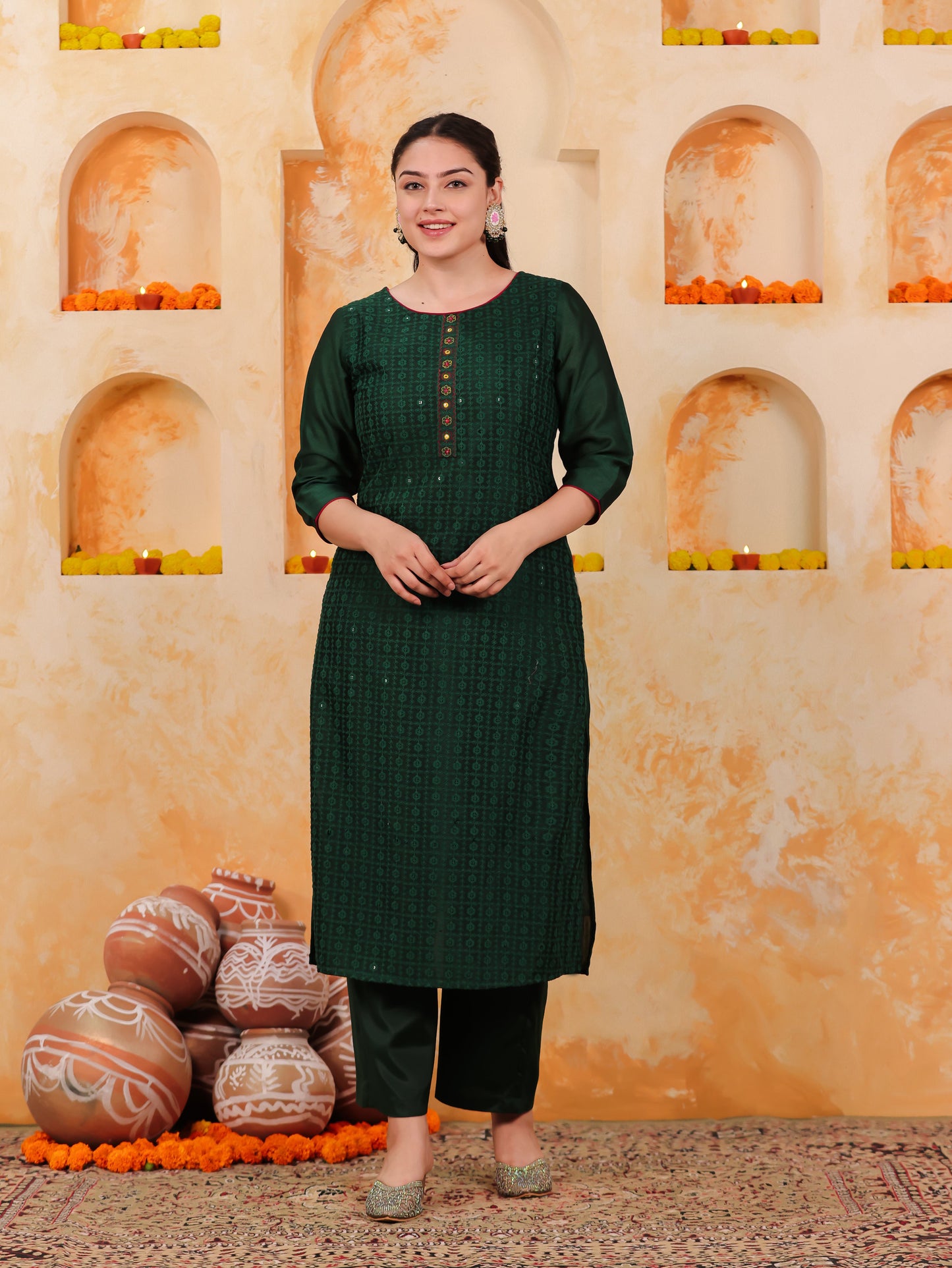 Embroidered Self Design Chanderi Solid Straight Green Kurta