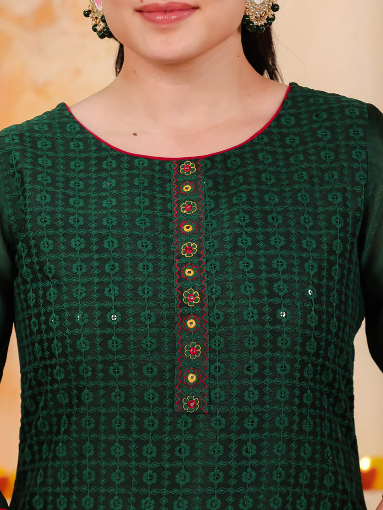Embroidered Self Design Chanderi Solid Straight Green Kurta