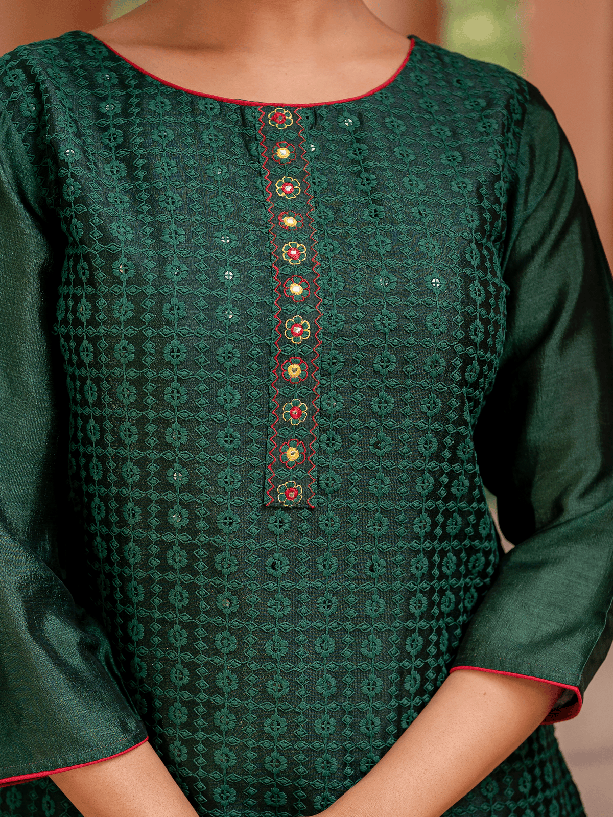 Embroidered Chanderi Solid Straight Green Kurta
