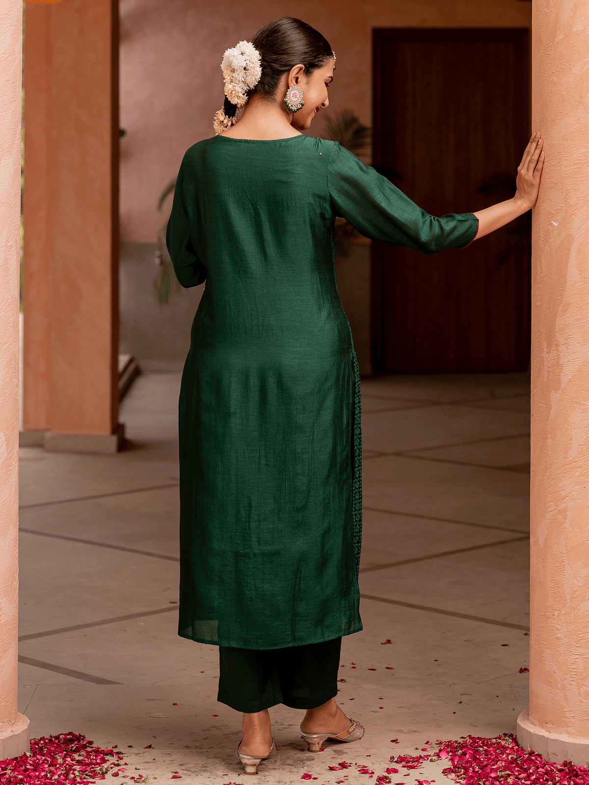 Embroidered Chanderi Solid Straight Green Kurta