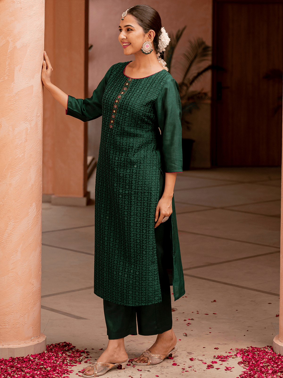 Embroidered Chanderi Solid Straight Green Kurta